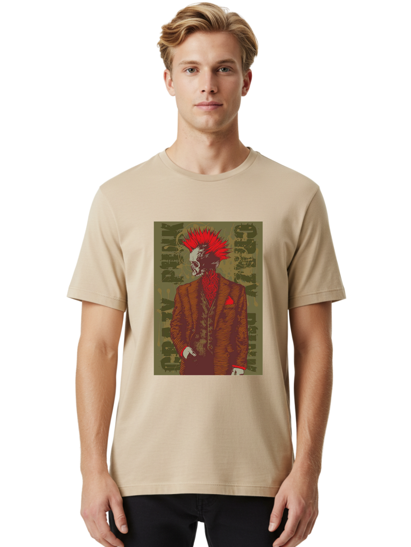 Crazy Punk Men'S Graphic Tee, 100% Cotton, Comfortable Casual Summer Wear, Machine Washable, Punk Rock Skeleton, Spiky Red Hair, Brown Suit, Red Pocket Square, Dark Art, Grunge Style, Rock And Roll, Punk Fashion, Edgy Aesthetic Aae212