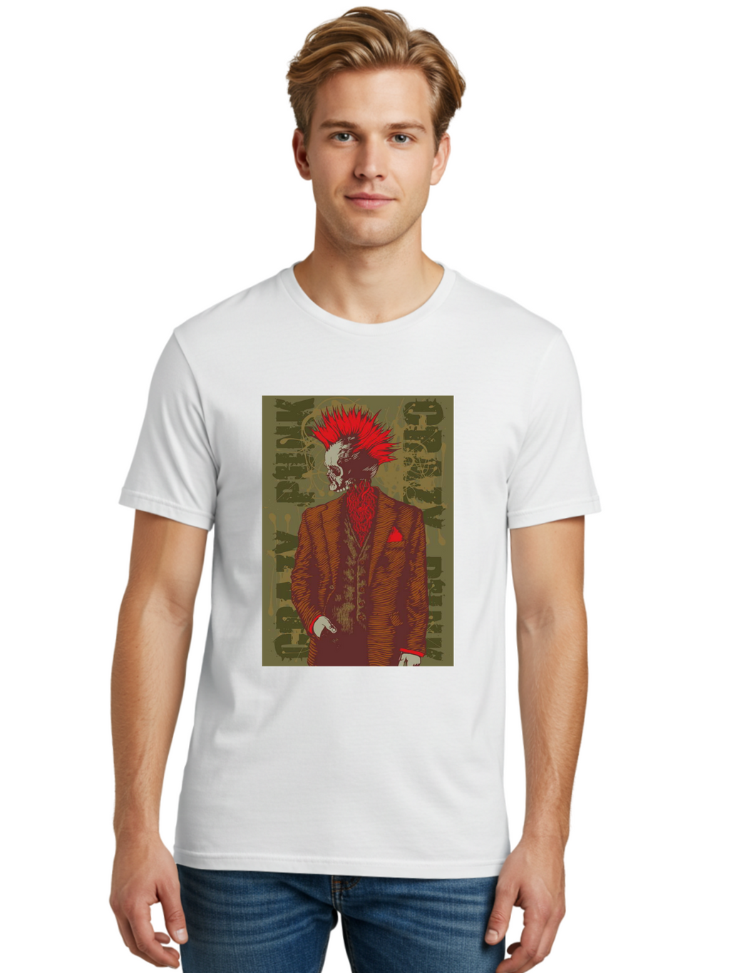 Crazy Punk Men'S Graphic Tee, 100% Cotton, Comfortable Casual Summer Wear, Machine Washable, Punk Rock Skeleton, Spiky Red Hair, Brown Suit, Red Pocket Square, Dark Art, Grunge Style, Rock And Roll, Punk Fashion, Edgy Aesthetic Aae212