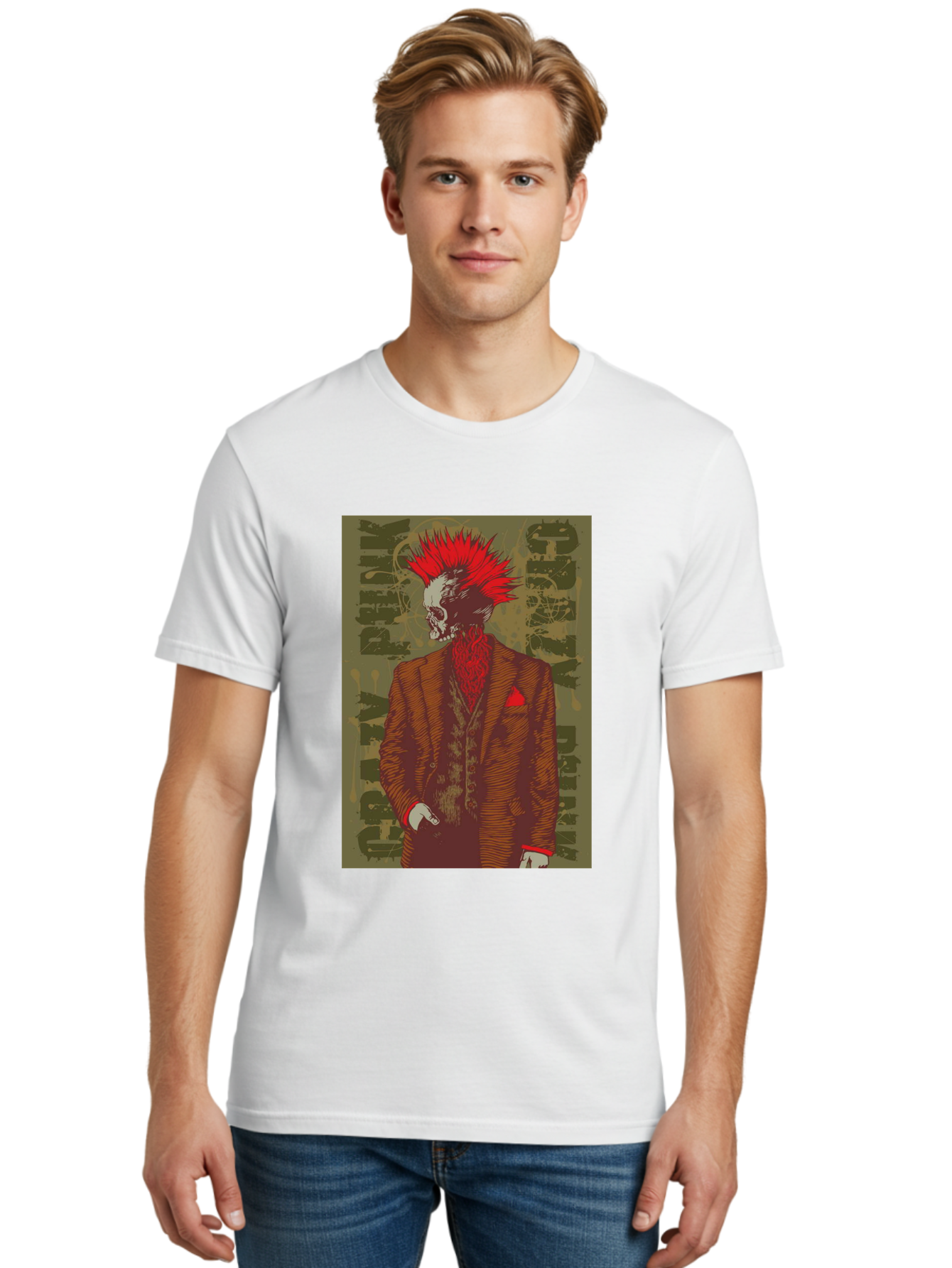 Crazy Punk Men'S Graphic Tee, 100% Cotton, Comfortable Casual Summer Wear, Machine Washable, Punk Rock Skeleton, Spiky Red Hair, Brown Suit, Red Pocket Square, Dark Art, Grunge Style, Rock And Roll, Punk Fashion, Edgy Aesthetic Aae212