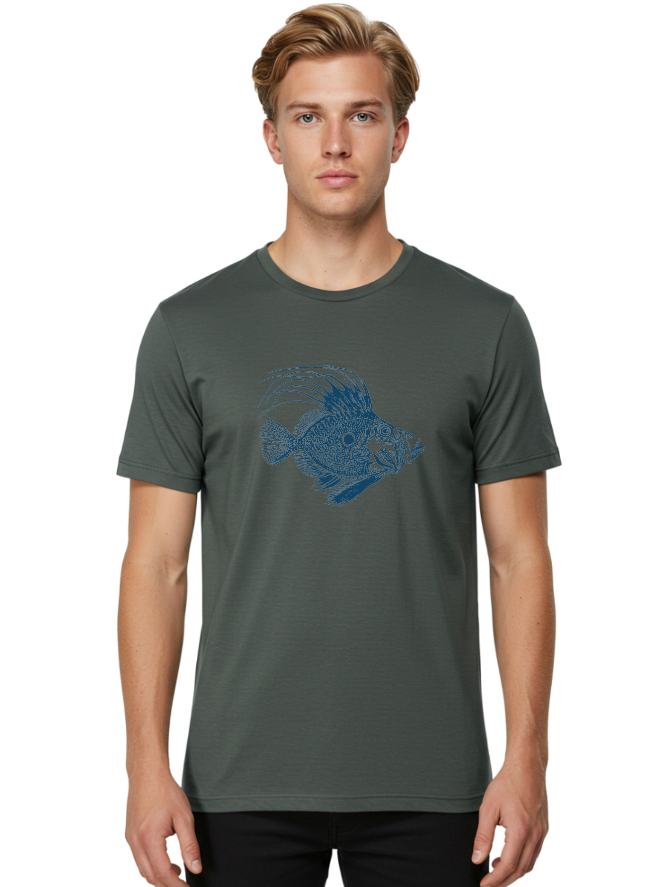 Crestthorn Fish Men'S Graphic Tee, 100% Cotton, Comfortable Casual Summer Wear, Machine Washable, Blue Fish, Detailed Illustration, Marine Life, Aquatic Animal, Fins, Scales, Underwater World, Ocean Creature, Vibrant Artwork, Textured Design, Aae213