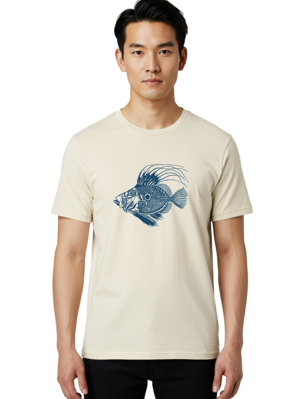 Crestthorn Fish 2 Men'S Graphic Tee, 100% Cotton, Comfortable Casual Summer Wear, Machine Washable, Cichlid Fish Illustration, Aquatic Life, Detailed Drawing, Blue And Green Hues, Fins And Scales, Freshwater Fish, Ocean Creature, Modern Art, Aae214