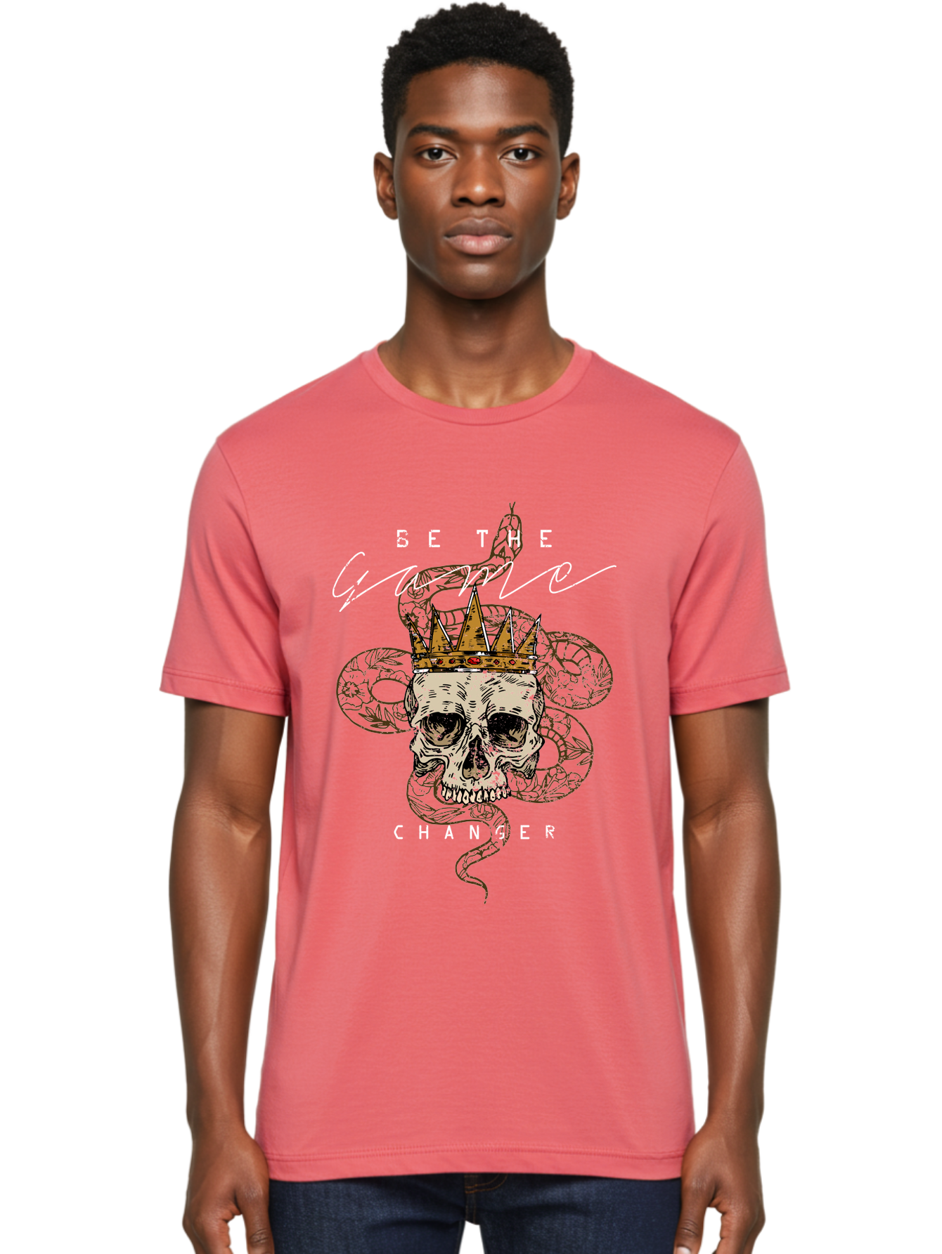 Crown Skull Men'S Graphic Tee, 100% Cotton, Comfortable Casual Summer Wear, Machine Washable, Skull With Crown And Snake, Game Changer, Motivational Quote, Skull Art, Crowned Skull, Snake Illustration, Bold Graphics, Edgy Design, Aae216