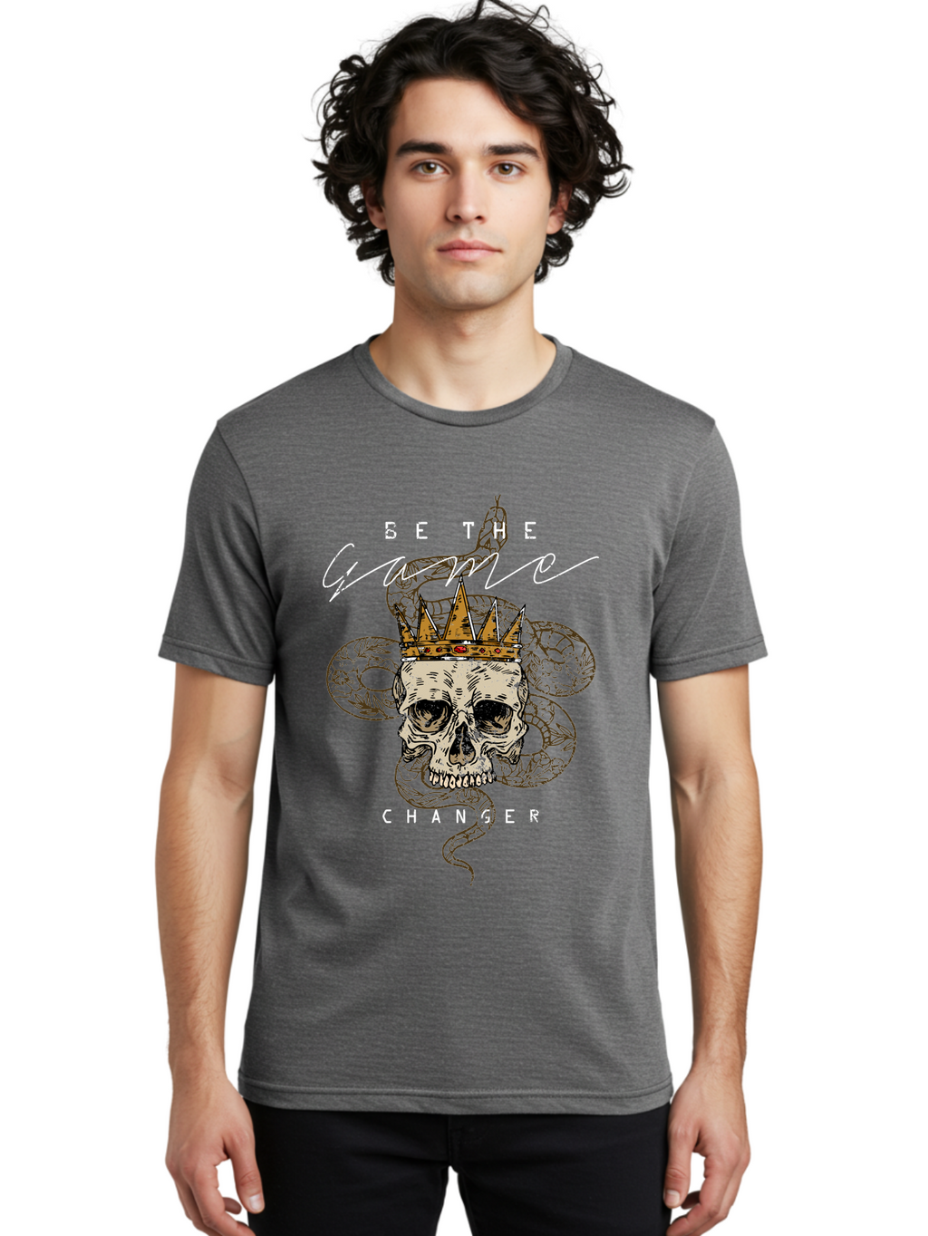 Crown Skull Men'S Graphic Tee, 100% Cotton, Comfortable Casual Summer Wear, Machine Washable, Skull With Crown And Snake, Game Changer, Motivational Quote, Skull Art, Crowned Skull, Snake Illustration, Bold Graphics, Edgy Design, Aae216