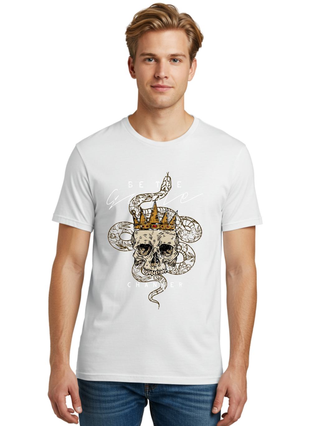 Crown Skull Men'S Graphic Tee, 100% Cotton, Comfortable Casual Summer Wear, Machine Washable, Skull With Crown And Snake, Game Changer, Motivational Quote, Skull Art, Crowned Skull, Snake Illustration, Bold Graphics, Edgy Design, Aae216