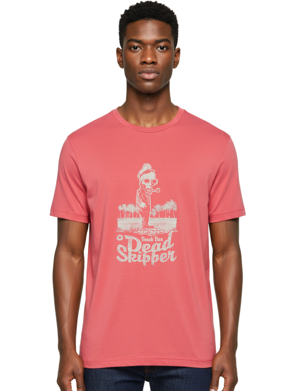 Dead Skipper Skull Men'S Graphic Tee, 100% Cotton, Comfortable Casual Summer Wear, Machine Washable, Skeleton Playing Guitar, Beach Bar Vibes, Tropical Setting, Palm Trees, Rock On, Summer Fun, Coastal Entertainment, Relaxed Atmosphere Aae228