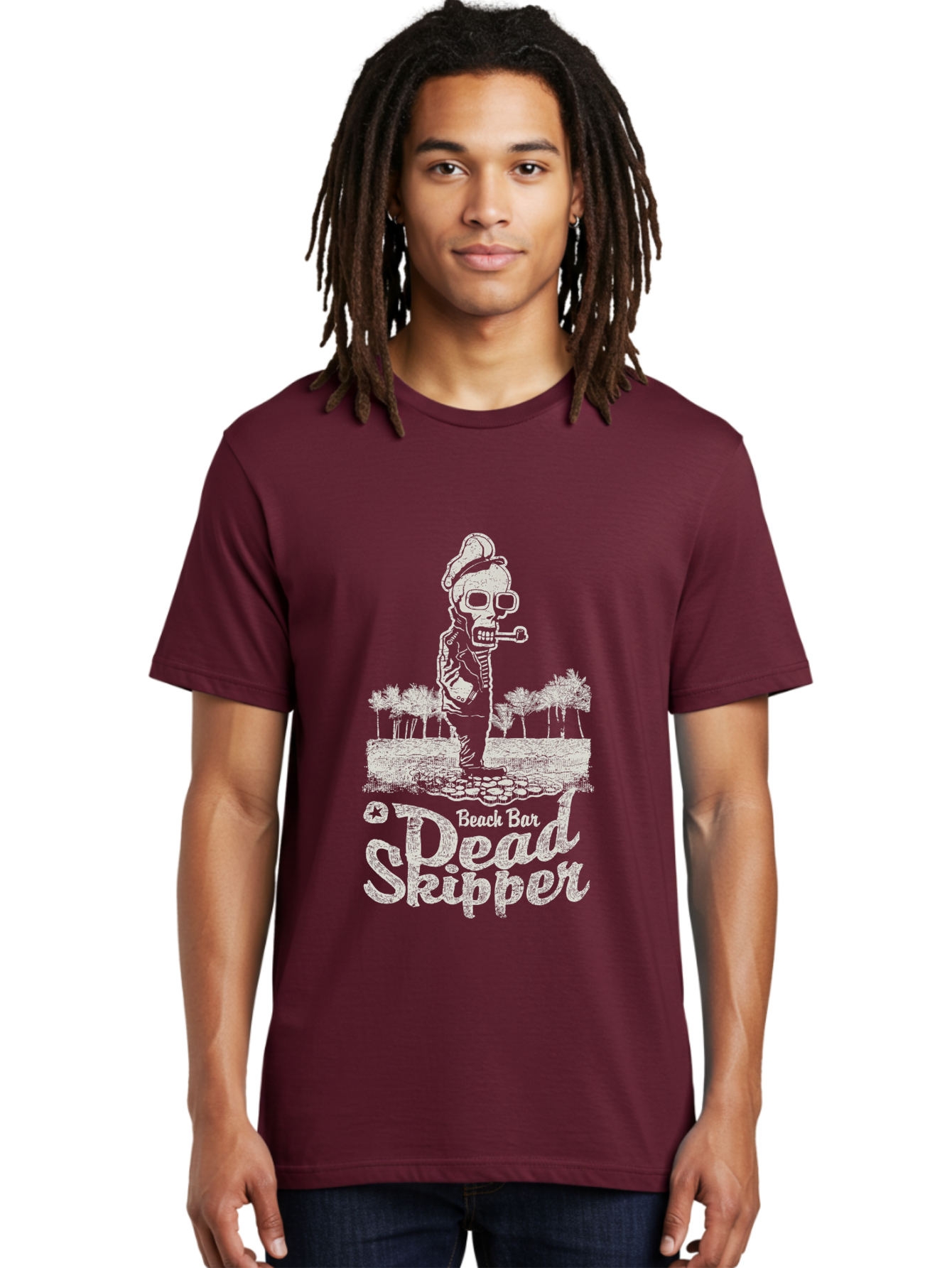 Dead Skipper Skull Men'S Graphic Tee, 100% Cotton, Comfortable Casual Summer Wear, Machine Washable, Skeleton Playing Guitar, Beach Bar Vibes, Tropical Setting, Palm Trees, Rock On, Summer Fun, Coastal Entertainment, Relaxed Atmosphere Aae228