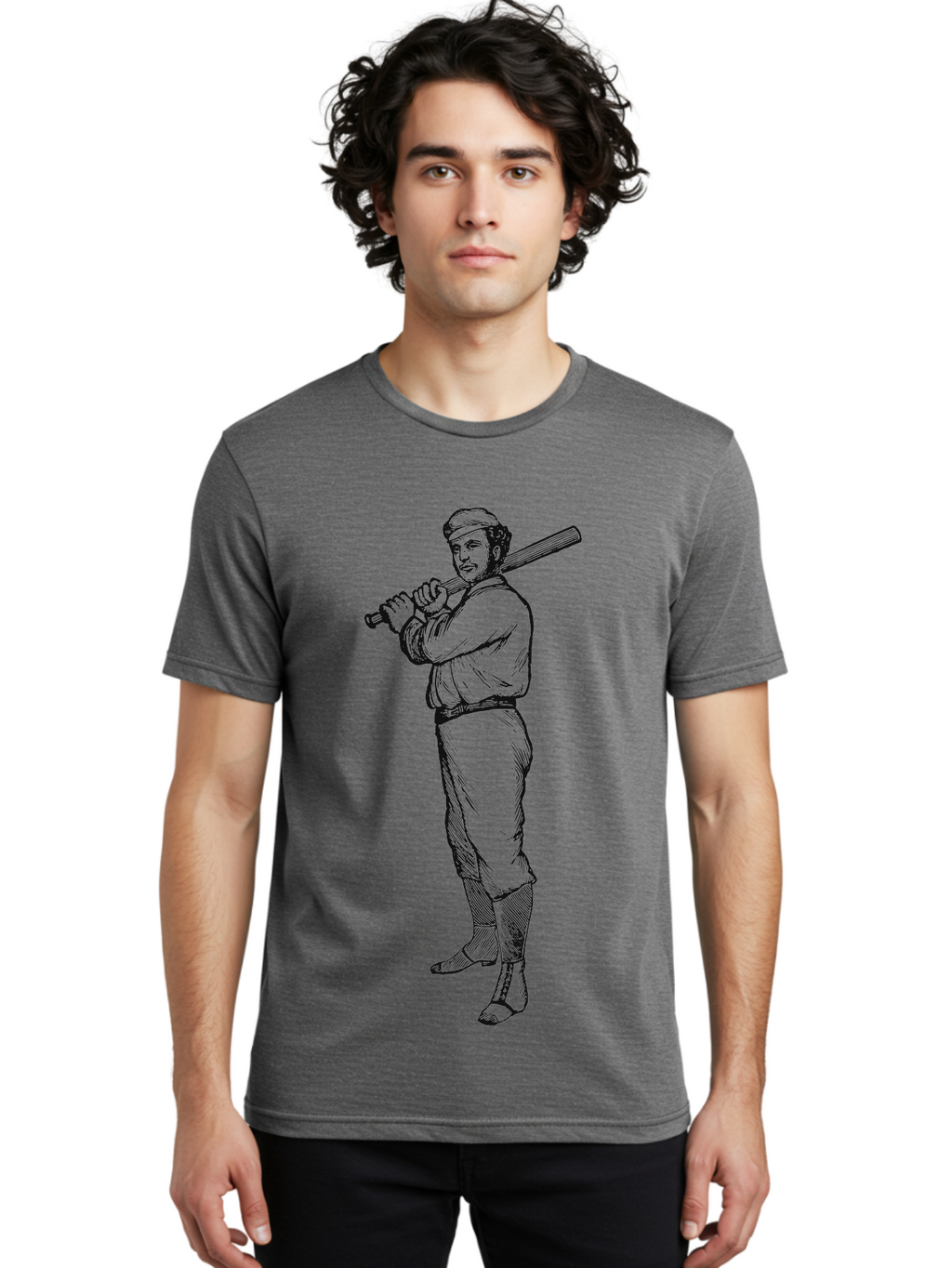 Deadball Era Legend Men'S Graphic Tee, 100% Cotton, Comfortable Casual Summer Wear, Machine Washable, Baseball Player, Vintage Illustration, Baseball Bat, Classic Uniform, Athletic Stance, Sports Nostalgia, Retro Graphics Aae229