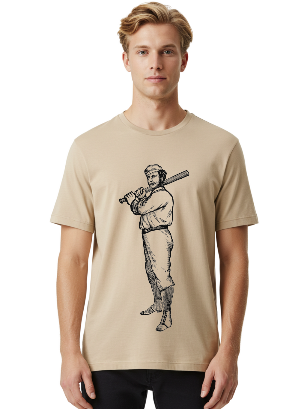 Deadball Era Legend Men'S Graphic Tee, 100% Cotton, Comfortable Casual Summer Wear, Machine Washable, Baseball Player, Vintage Illustration, Baseball Bat, Classic Uniform, Athletic Stance, Sports Nostalgia, Retro Graphics Aae229