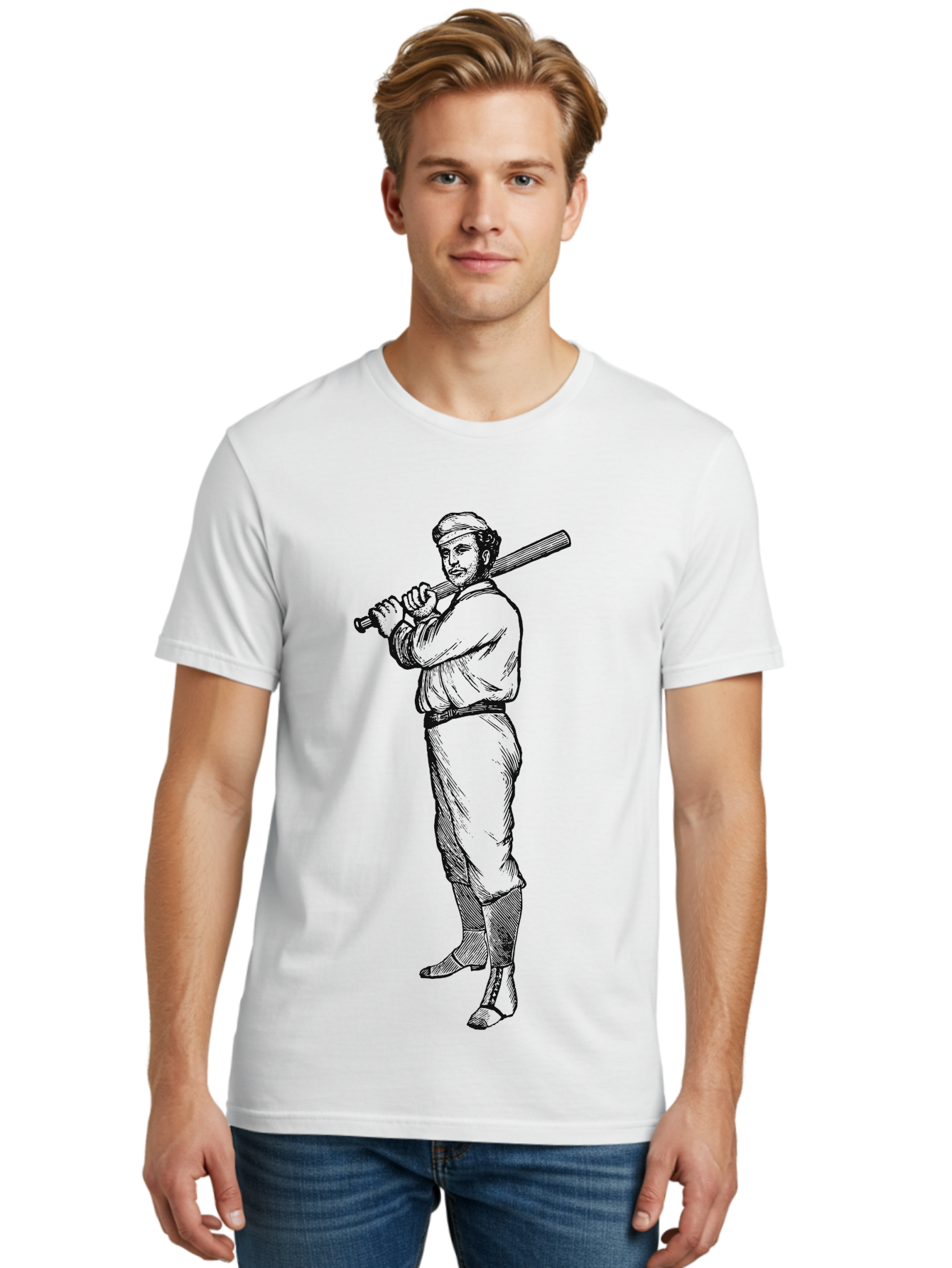 Deadball Era Legend Men'S Graphic Tee, 100% Cotton, Comfortable Casual Summer Wear, Machine Washable, Baseball Player, Vintage Illustration, Baseball Bat, Classic Uniform, Athletic Stance, Sports Nostalgia, Retro Graphics Aae229