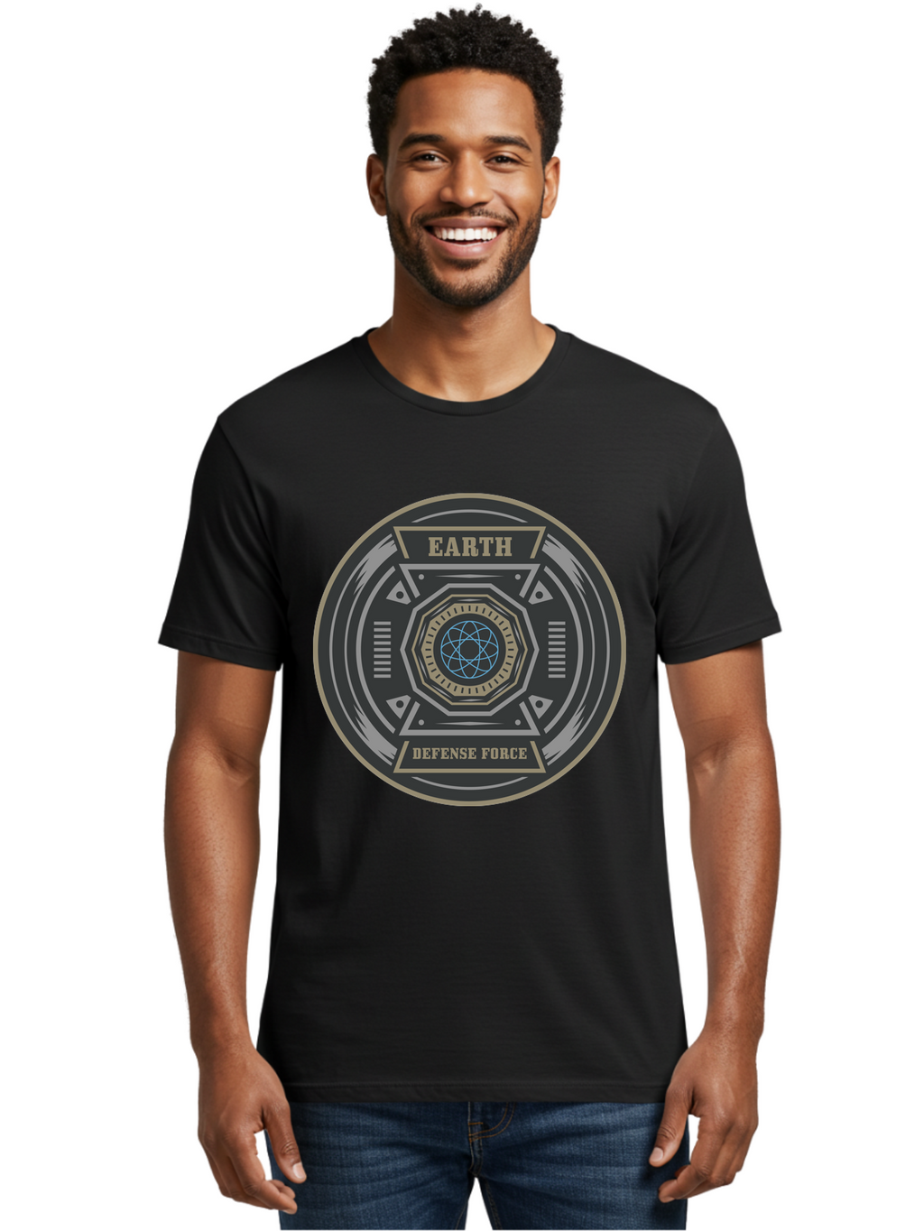 Earth Defense Force Men'S Graphic Tee, 100% Cotton, Comfortable Casual Summer Wear, Machine Washable, Futuristic Logo, Sci-Fi Emblem, Defense Force Badge, Earth Protection, Geometric Shapes, Metallic Design, Advanced Technology, Aae250