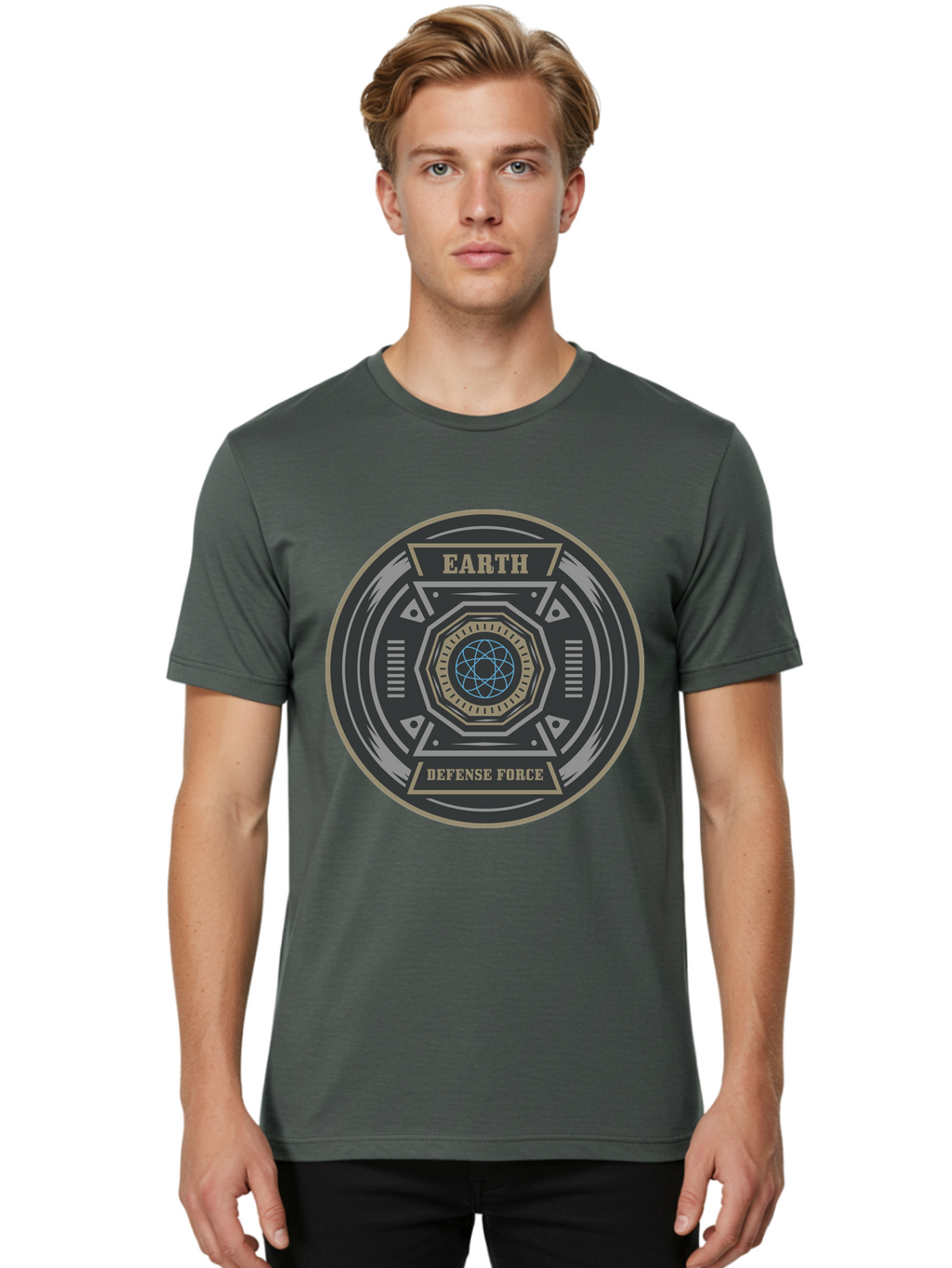 Earth Defense Force Men'S Graphic Tee, 100% Cotton, Comfortable Casual Summer Wear, Machine Washable, Futuristic Logo, Sci-Fi Emblem, Defense Force Badge, Earth Protection, Geometric Shapes, Metallic Design, Advanced Technology, Aae250