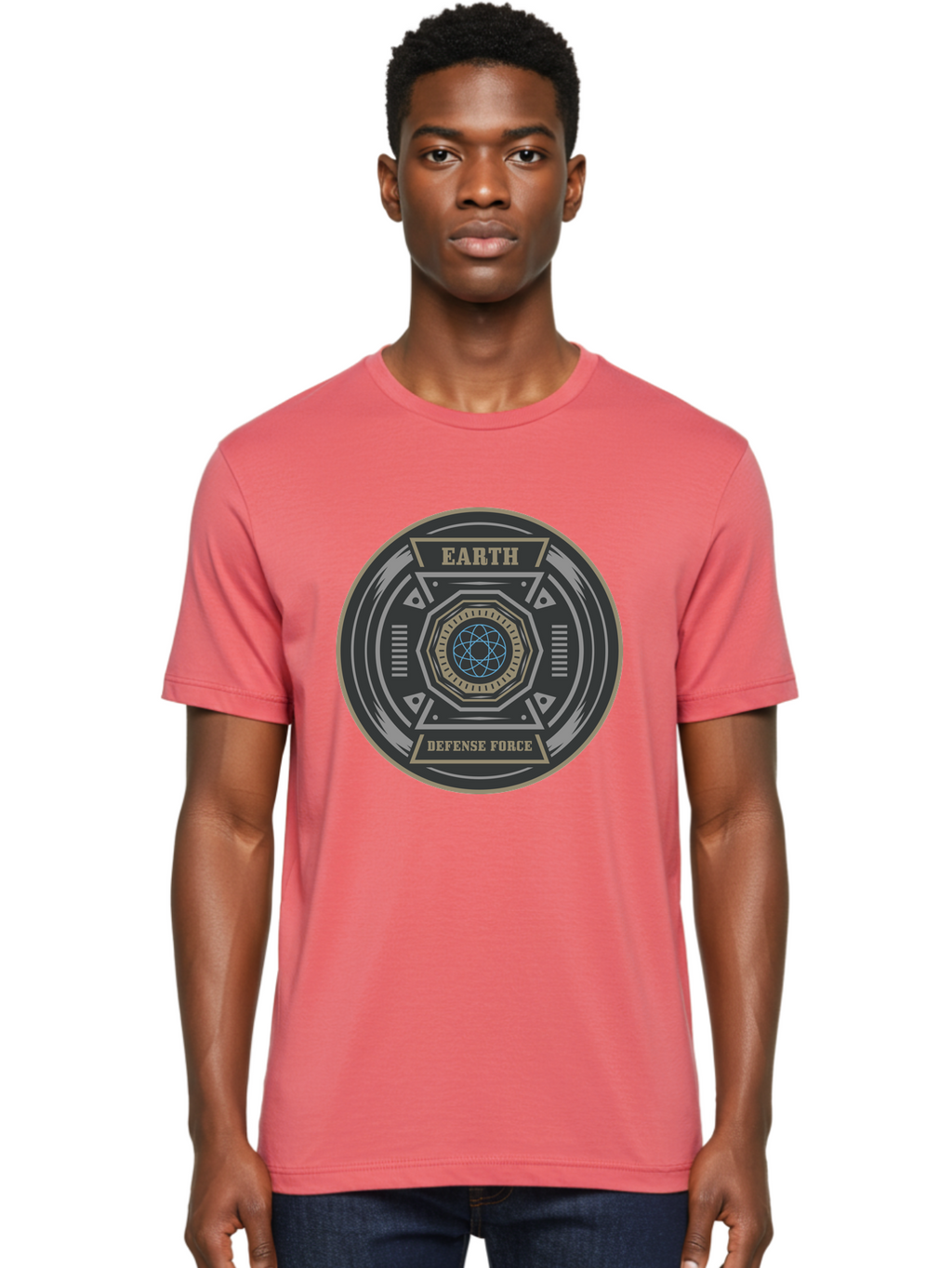 Earth Defense Force Men'S Graphic Tee, 100% Cotton, Comfortable Casual Summer Wear, Machine Washable, Futuristic Logo, Sci-Fi Emblem, Defense Force Badge, Earth Protection, Geometric Shapes, Metallic Design, Advanced Technology, Aae250