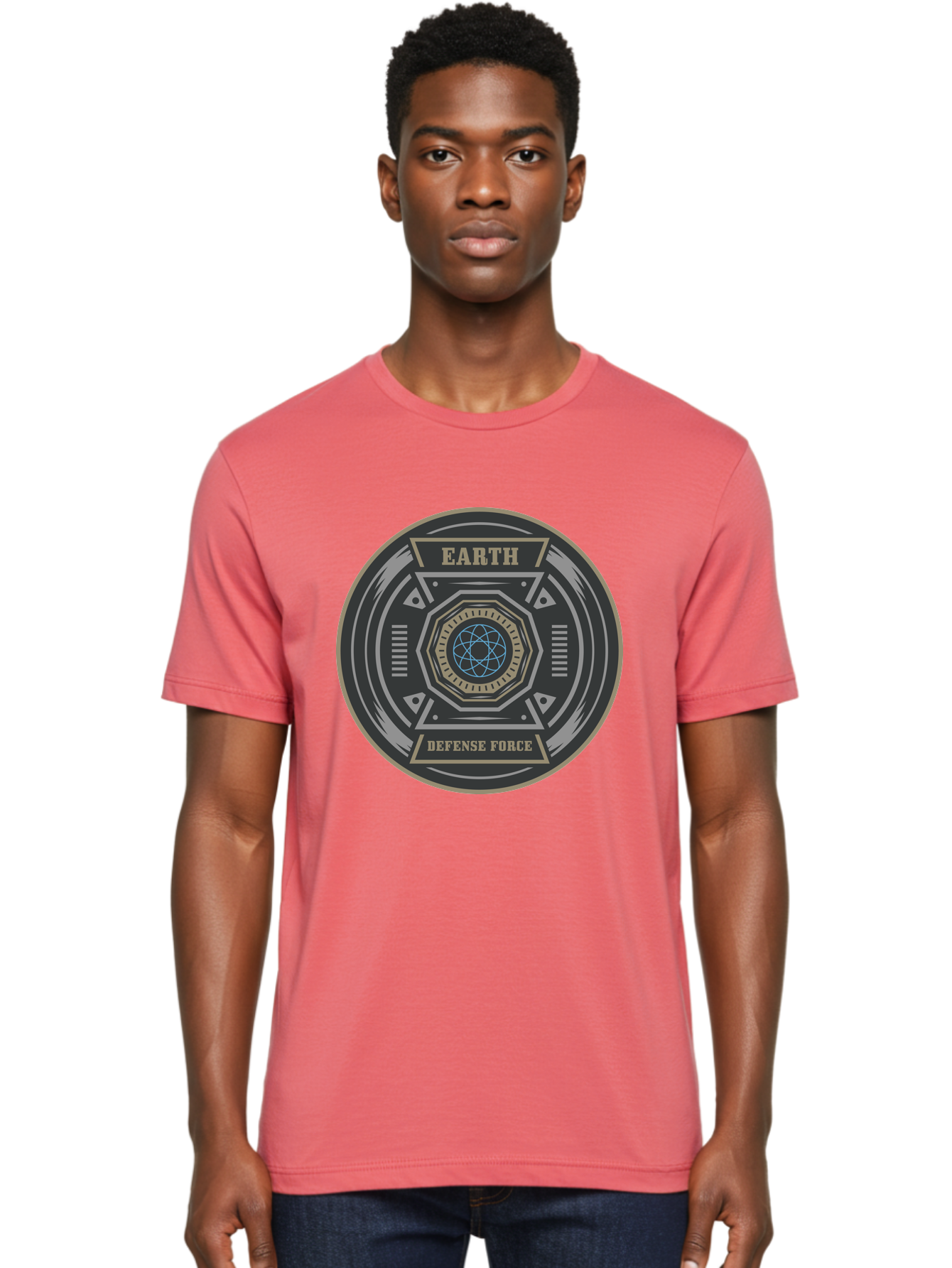 Earth Defense Force Men'S Graphic Tee, 100% Cotton, Comfortable Casual Summer Wear, Machine Washable, Futuristic Logo, Sci-Fi Emblem, Defense Force Badge, Earth Protection, Geometric Shapes, Metallic Design, Advanced Technology, Aae250