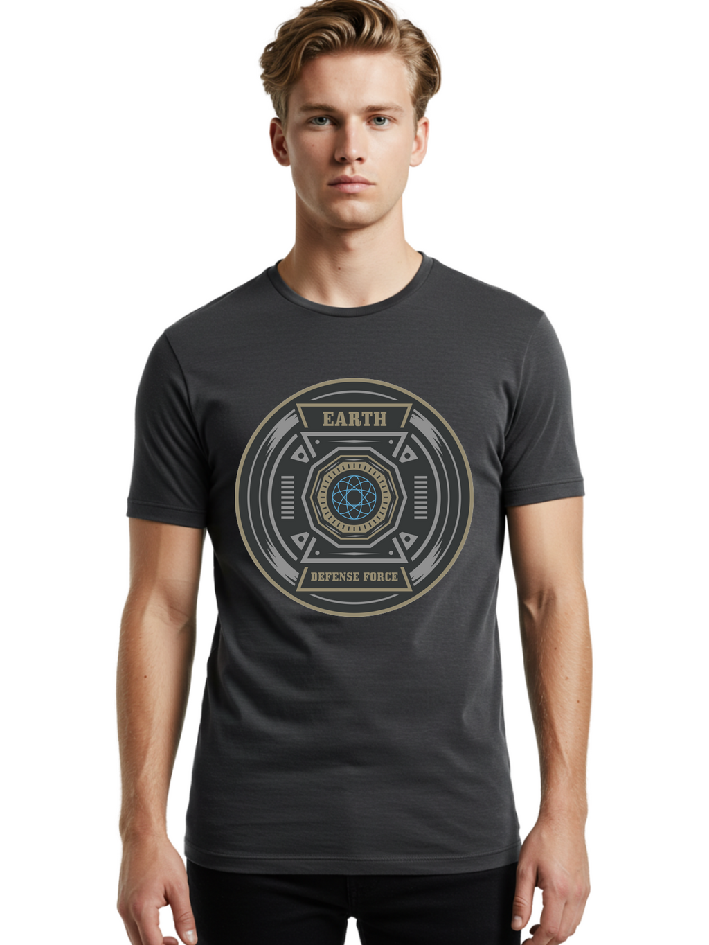 Earth Defense Force Men'S Graphic Tee, 100% Cotton, Comfortable Casual Summer Wear, Machine Washable, Futuristic Logo, Sci-Fi Emblem, Defense Force Badge, Earth Protection, Geometric Shapes, Metallic Design, Advanced Technology, Aae250