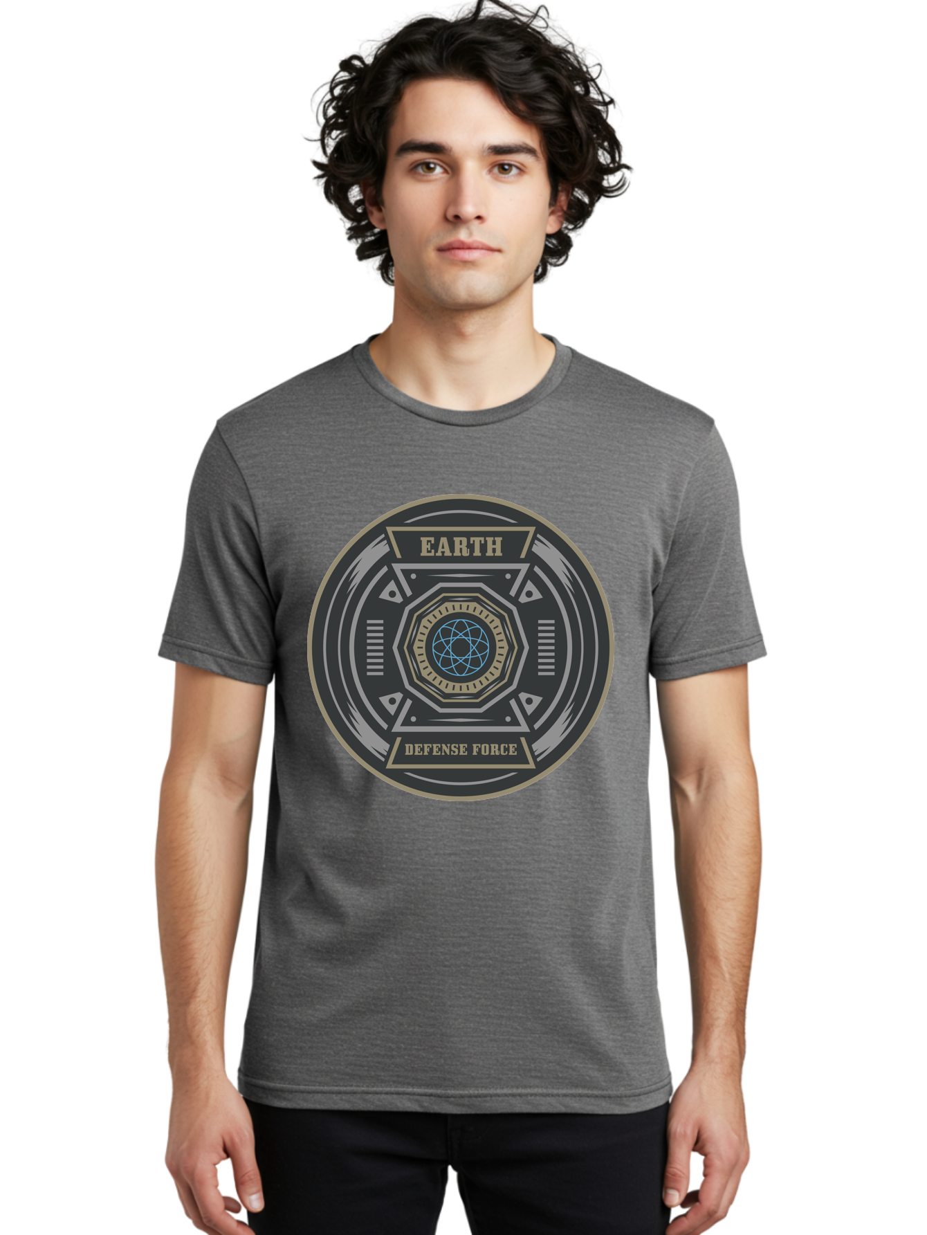 Earth Defense Force Men'S Graphic Tee, 100% Cotton, Comfortable Casual Summer Wear, Machine Washable, Futuristic Logo, Sci-Fi Emblem, Defense Force Badge, Earth Protection, Geometric Shapes, Metallic Design, Advanced Technology, Aae250