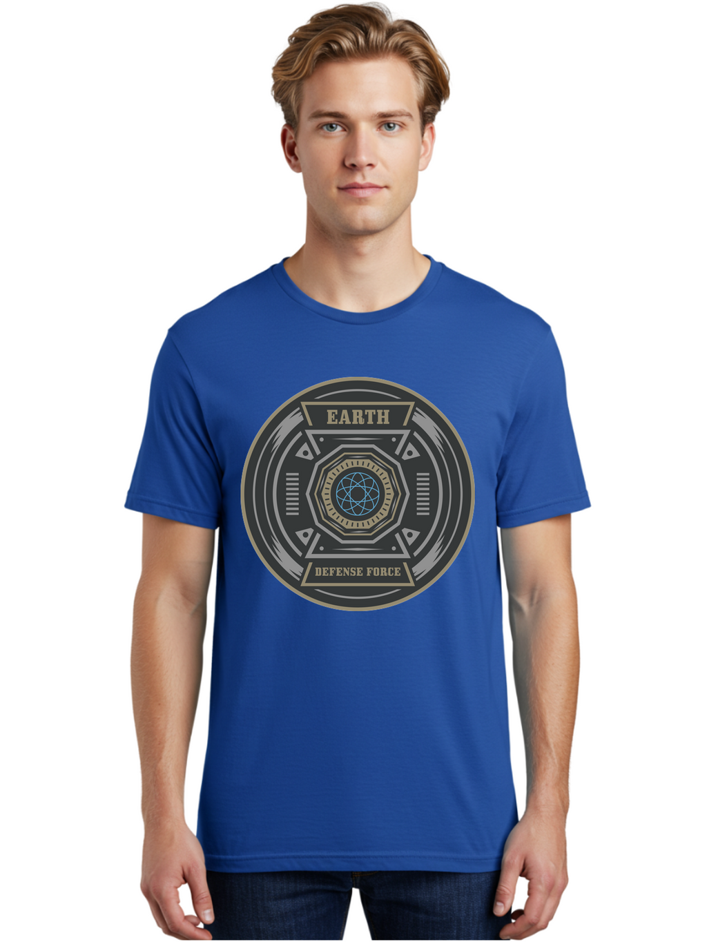 Earth Defense Force Men'S Graphic Tee, 100% Cotton, Comfortable Casual Summer Wear, Machine Washable, Futuristic Logo, Sci-Fi Emblem, Defense Force Badge, Earth Protection, Geometric Shapes, Metallic Design, Advanced Technology, Aae250