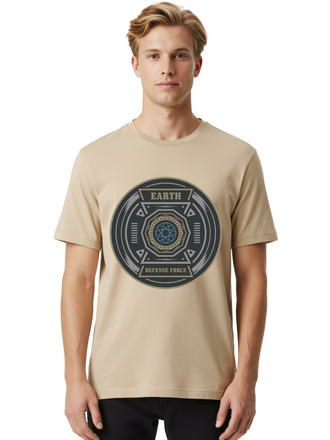 Earth Defense Force Men'S Graphic Tee, 100% Cotton, Comfortable Casual Summer Wear, Machine Washable, Futuristic Logo, Sci-Fi Emblem, Defense Force Badge, Earth Protection, Geometric Shapes, Metallic Design, Advanced Technology, Aae250
