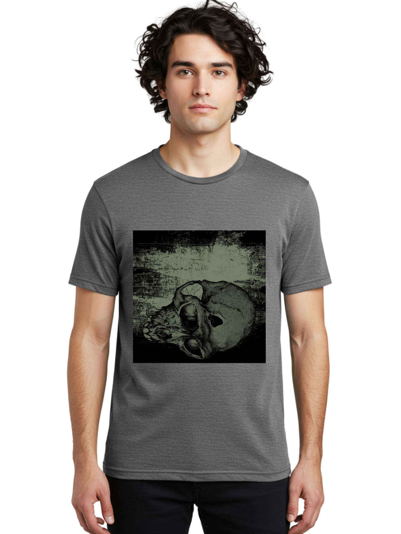 Echo Of Death Men'S Graphic Tee, 100% Cotton, Comfortable Casual Summer Wear, Machine Washable, Dark Artwork, Gothic Illustration, Human Skull, Grunge Style, Mysterious Ambiance, Eerie Atmosphere, Monochromatic Tones Aae251