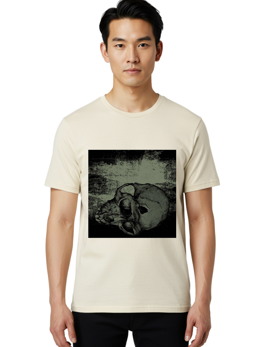 Echo Of Death Men'S Graphic Tee, 100% Cotton, Comfortable Casual Summer Wear, Machine Washable, Dark Artwork, Gothic Illustration, Human Skull, Grunge Style, Mysterious Ambiance, Eerie Atmosphere, Monochromatic Tones Aae251