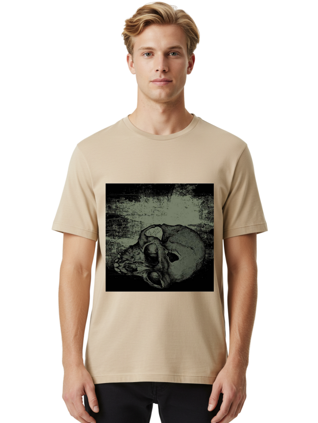 Echo Of Death Men'S Graphic Tee, 100% Cotton, Comfortable Casual Summer Wear, Machine Washable, Dark Artwork, Gothic Illustration, Human Skull, Grunge Style, Mysterious Ambiance, Eerie Atmosphere, Monochromatic Tones Aae251