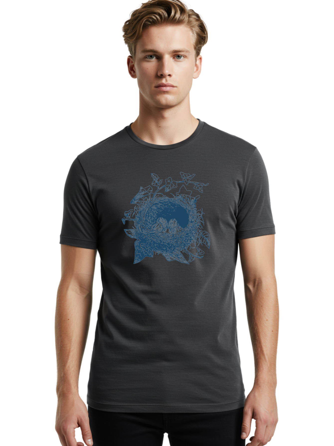 Egg Nest With Vines Men'S Graphic Tee, 100% Cotton, Comfortable Casual Summer Wear, Machine Washable, Bird'S Nest Illustration, Leaves And Twigs, Natural Design, Detailed Artwork, Bird'S Nest Graphic, Organic Shapes Aae254