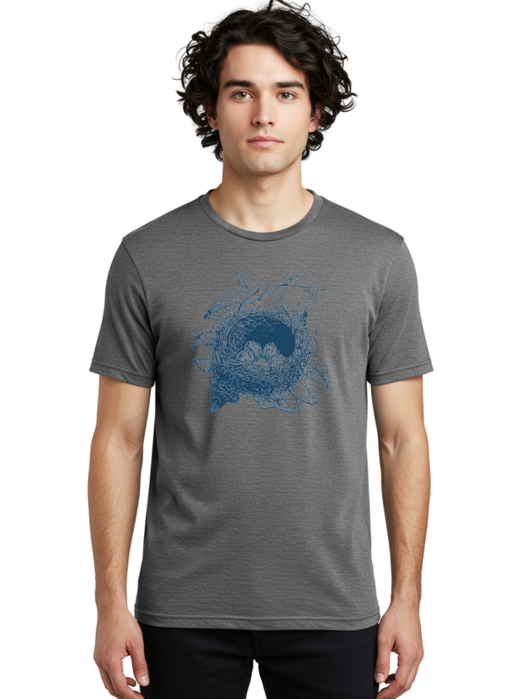 Egg Nest With Vines Men'S Graphic Tee, 100% Cotton, Comfortable Casual Summer Wear, Machine Washable, Bird'S Nest Illustration, Leaves And Twigs, Natural Design, Detailed Artwork, Bird'S Nest Graphic, Organic Shapes Aae254