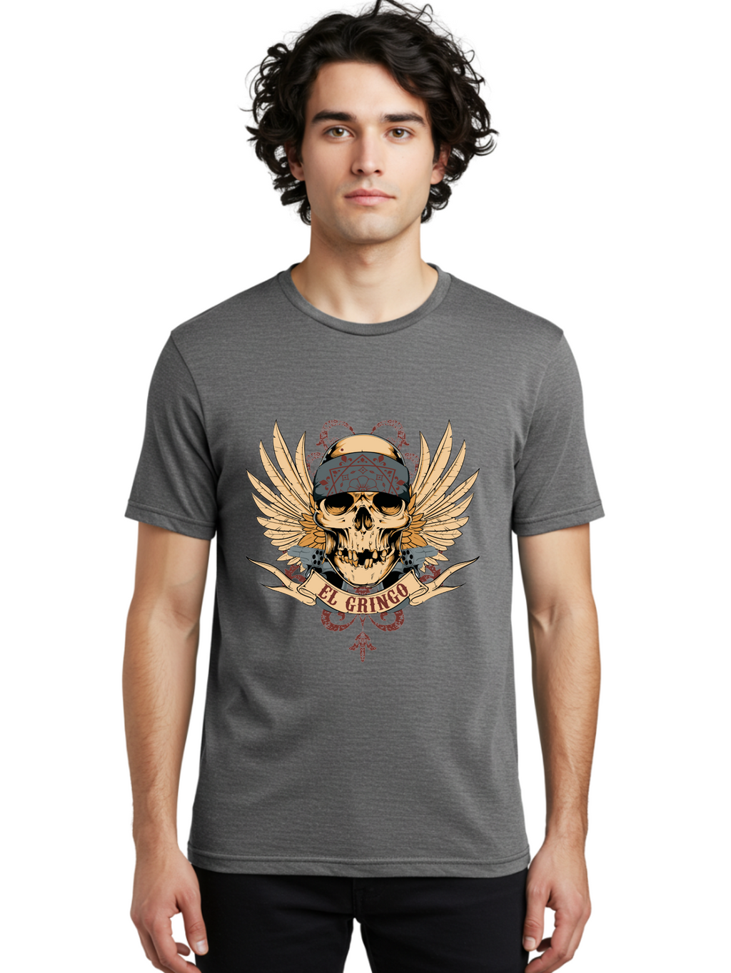 El Gringo Skull Men'S Graphic Tee, 100% Cotton, Comfortable Casual Summer Wear, Machine Washable, Tattoo Art, Skull Design, Wings And Snakes, Edgy Style, Grunge Aesthetic, Rebellious Symbol, Bold Graphics, El Gringo Branding Aae256