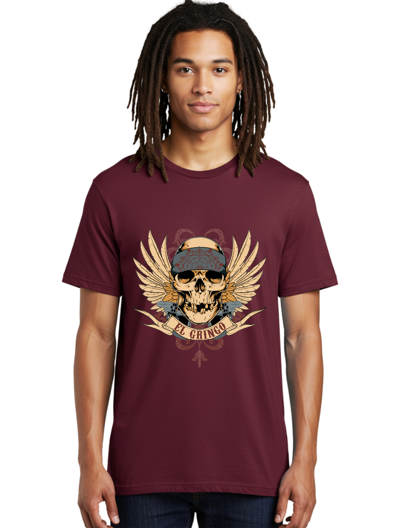 El Gringo Skull Men'S Graphic Tee, 100% Cotton, Comfortable Casual Summer Wear, Machine Washable, Tattoo Art, Skull Design, Wings And Snakes, Edgy Style, Grunge Aesthetic, Rebellious Symbol, Bold Graphics, El Gringo Branding Aae256
