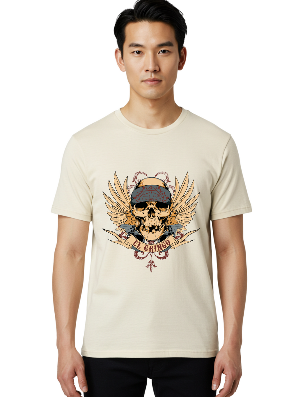 El Gringo Skull Men'S Graphic Tee, 100% Cotton, Comfortable Casual Summer Wear, Machine Washable, Tattoo Art, Skull Design, Wings And Snakes, Edgy Style, Grunge Aesthetic, Rebellious Symbol, Bold Graphics, El Gringo Branding Aae256