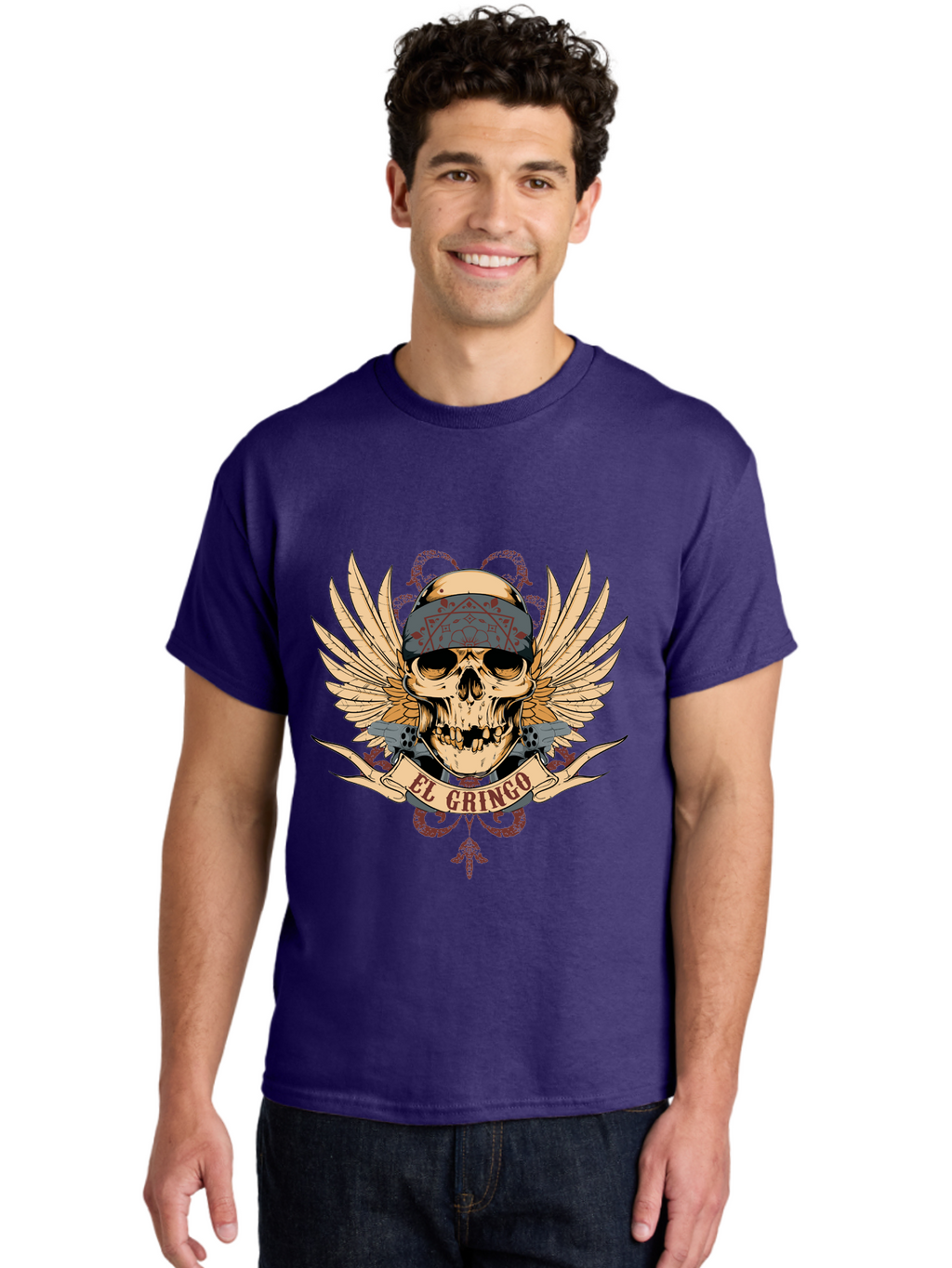 El Gringo Skull Men'S Graphic Tee, 100% Cotton, Comfortable Casual Summer Wear, Machine Washable, Tattoo Art, Skull Design, Wings And Snakes, Edgy Style, Grunge Aesthetic, Rebellious Symbol, Bold Graphics, El Gringo Branding Aae256