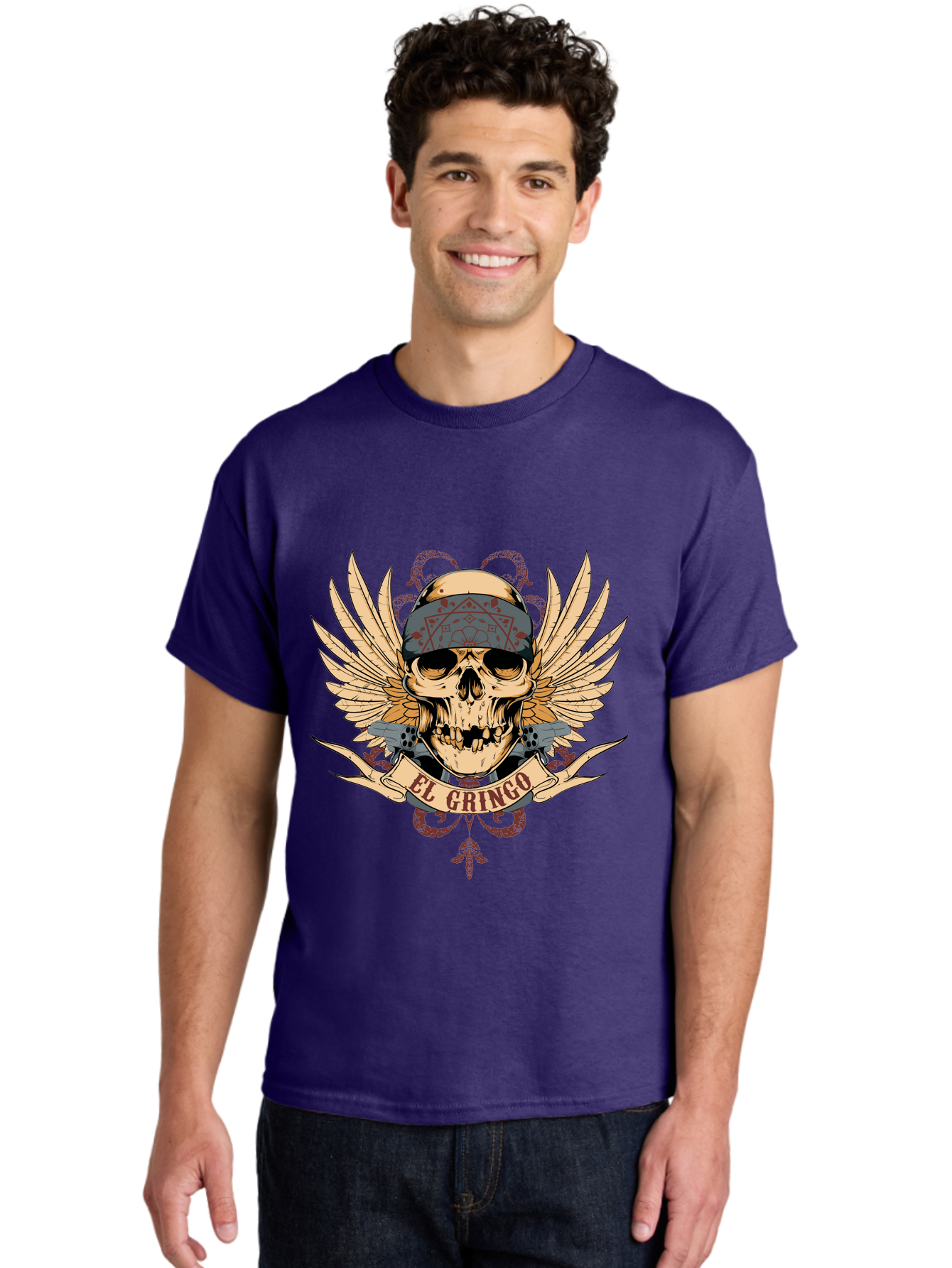 El Gringo Skull Men'S Graphic Tee, 100% Cotton, Comfortable Casual Summer Wear, Machine Washable, Tattoo Art, Skull Design, Wings And Snakes, Edgy Style, Grunge Aesthetic, Rebellious Symbol, Bold Graphics, El Gringo Branding Aae256