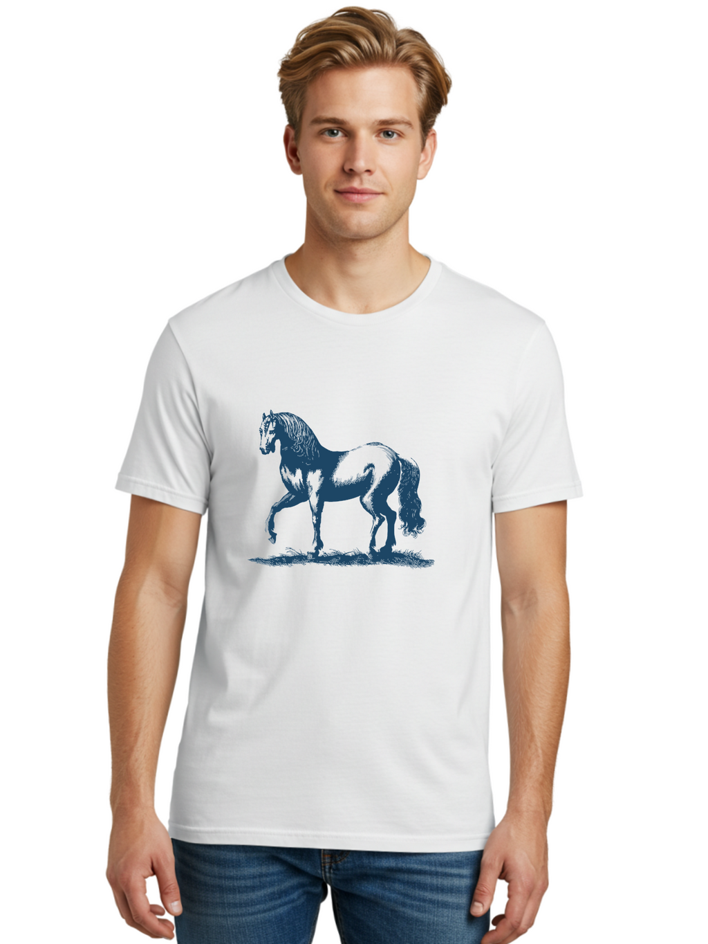 Elegant Horse Men'S Graphic Tee, 100% Cotton, Comfortable Casual Summer Wear, Machine Washable, Horse Running, Dynamic Movement, Equine Art, Horse Illustration, Majestic Animal, Flowing Mane, Dynamic Pose, Grassy Ground, Bold Lines Aae257