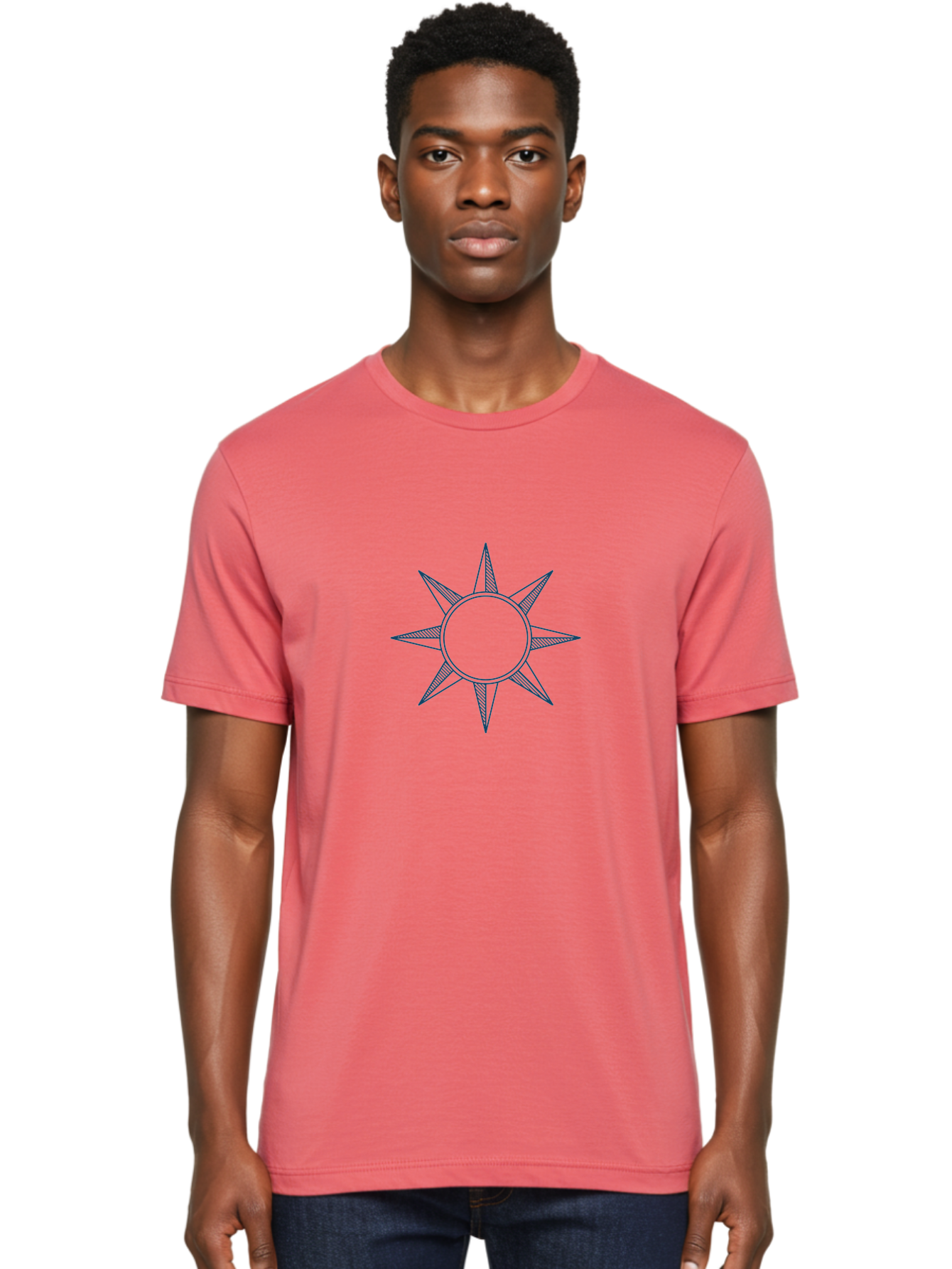Emblem Men'S Graphic Tee, 100% Cotton, Comfortable Casual Summer Wear, Machine Washable, Sun Symbol, Simple Icon, Minimalist Design, Blue Outline, Star Shape, Solar Representation, Stylized Sun Aae259
