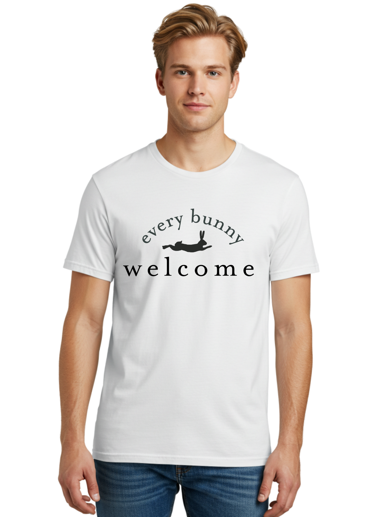 Every Bunny Welcome Men'S Graphic Tee, 100% Cotton, Comfortable Casual Summer Wear, Machine Washable, Bunny Silhouette, Every Bunny Welcome Sign, Rabbit Graphic, Welcome Message, Black Text, Funny Bunny, Cute Rabbit Aae263