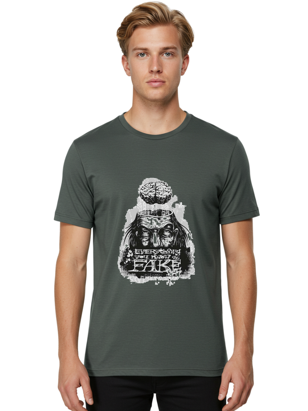 Everything You Know Is Fake Men'S Graphic Tee, 100% Cotton, Comfortable Casual Summer Wear, Machine Washable, Brain Being Removed, Mind Control, Psychological Manipulation, Conspiracy Theory, Mysterious Figure, Black And White Artwork, Aae264