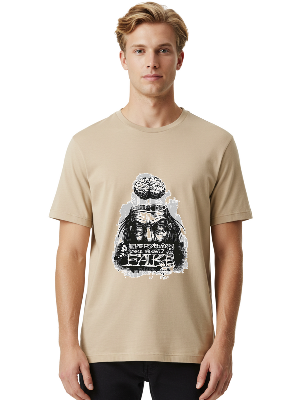 Everything You Know Is Fake Men'S Graphic Tee, 100% Cotton, Comfortable Casual Summer Wear, Machine Washable, Brain Being Removed, Mind Control, Psychological Manipulation, Conspiracy Theory, Mysterious Figure, Black And White Artwork, Aae264