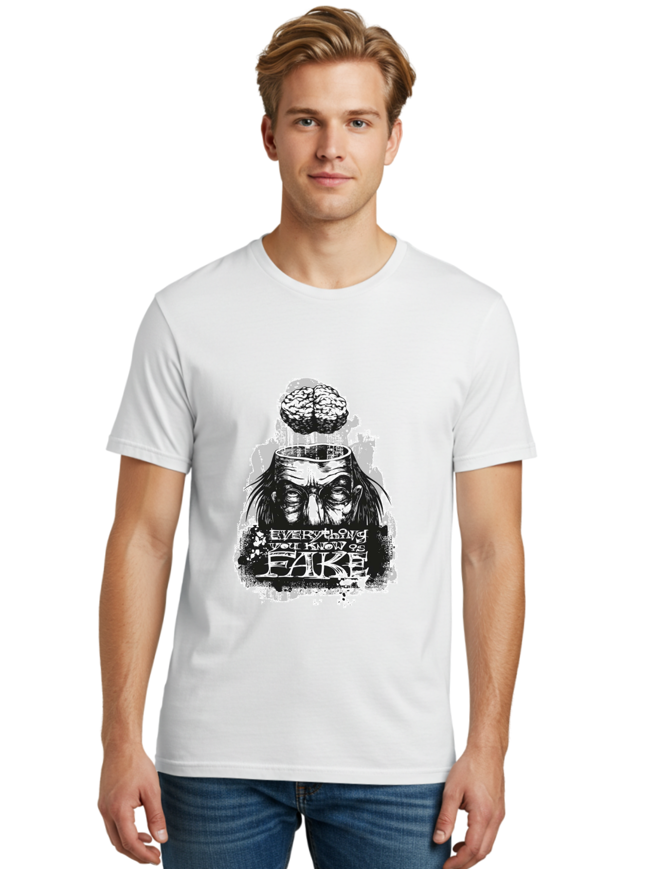 Everything You Know Is Fake Men'S Graphic Tee, 100% Cotton, Comfortable Casual Summer Wear, Machine Washable, Brain Being Removed, Mind Control, Psychological Manipulation, Conspiracy Theory, Mysterious Figure, Black And White Artwork, Aae264