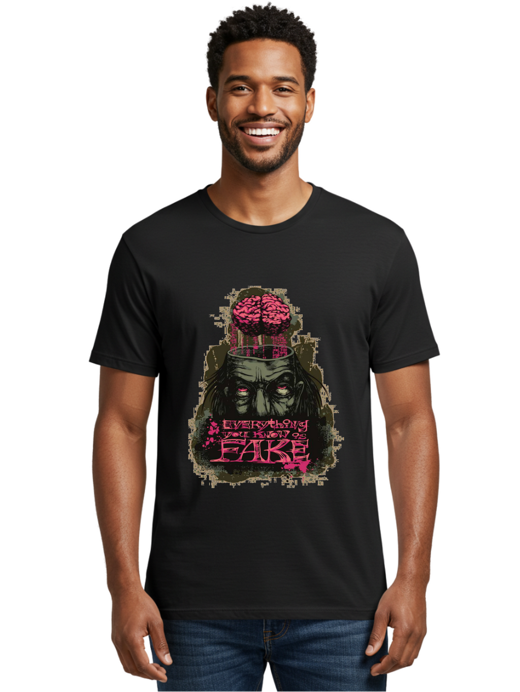 Everything You Know Is Fake Men'S Graphic Tee, 100% Cotton, Comfortable Casual Summer Wear, Machine Washable, Zombie Man, Exposed Brain, Fake Knowledge, Distorted Reality, Surreal Art, Pink Splatter, Dark Illustration, Eerie Atmosphere, Aae265