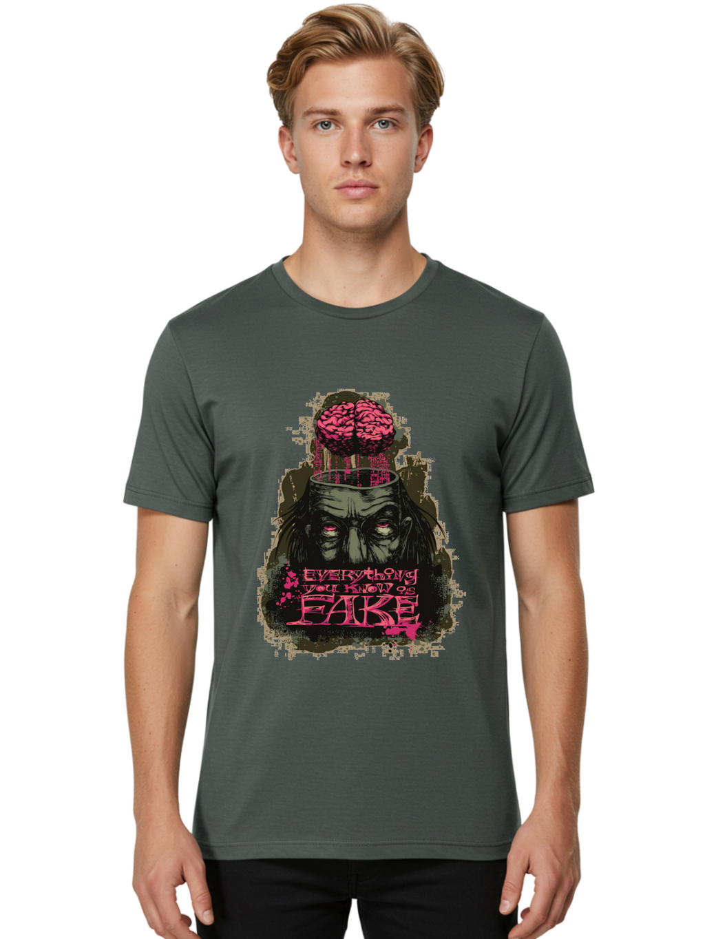 Everything You Know Is Fake Men'S Graphic Tee, 100% Cotton, Comfortable Casual Summer Wear, Machine Washable, Zombie Man, Exposed Brain, Fake Knowledge, Distorted Reality, Surreal Art, Pink Splatter, Dark Illustration, Eerie Atmosphere, Aae265