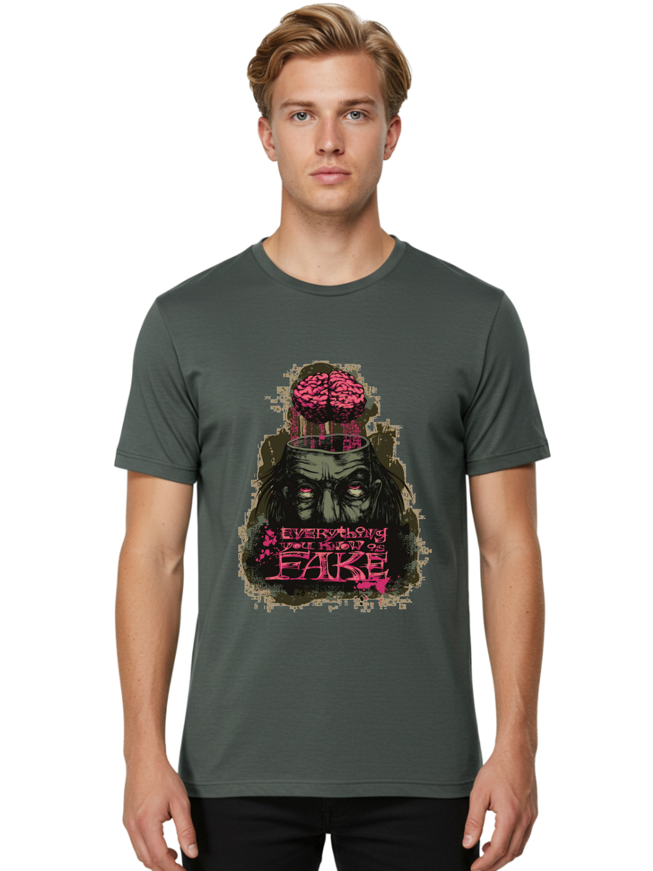 Everything You Know Is Fake Men'S Graphic Tee, 100% Cotton, Comfortable Casual Summer Wear, Machine Washable, Zombie Man, Exposed Brain, Fake Knowledge, Distorted Reality, Surreal Art, Pink Splatter, Dark Illustration, Eerie Atmosphere, Aae265