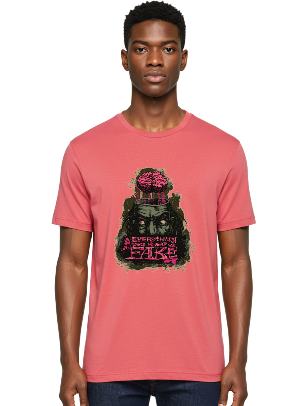 Everything You Know Is Fake Men'S Graphic Tee, 100% Cotton, Comfortable Casual Summer Wear, Machine Washable, Zombie Man, Exposed Brain, Fake Knowledge, Distorted Reality, Surreal Art, Pink Splatter, Dark Illustration, Eerie Atmosphere, Aae265