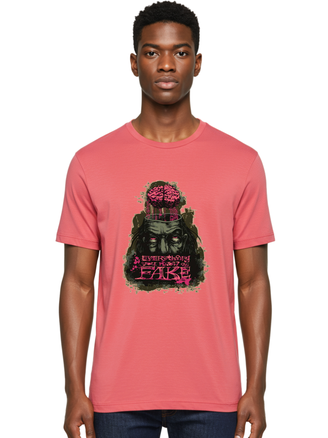 Everything You Know Is Fake Men'S Graphic Tee, 100% Cotton, Comfortable Casual Summer Wear, Machine Washable, Zombie Man, Exposed Brain, Fake Knowledge, Distorted Reality, Surreal Art, Pink Splatter, Dark Illustration, Eerie Atmosphere, Aae265