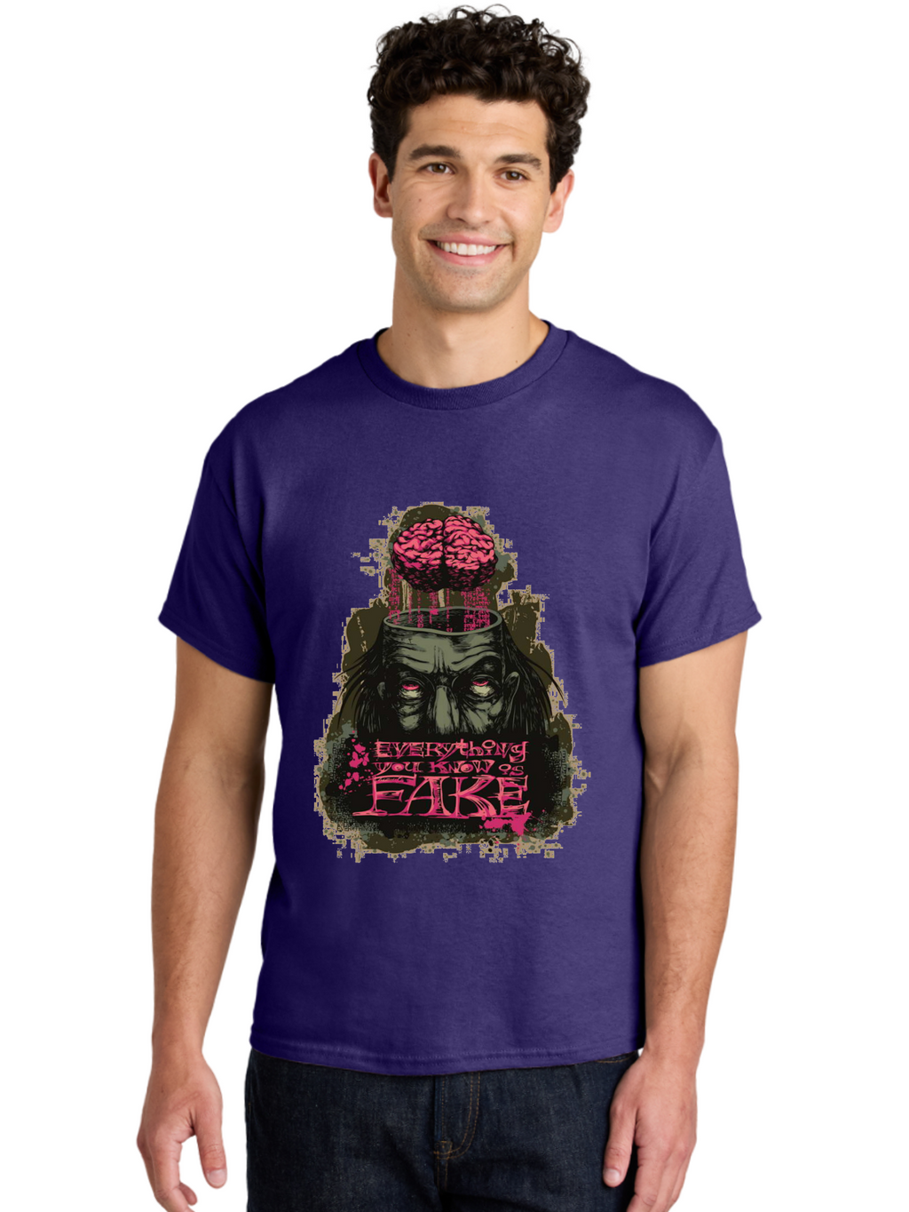 Everything You Know Is Fake Men'S Graphic Tee, 100% Cotton, Comfortable Casual Summer Wear, Machine Washable, Zombie Man, Exposed Brain, Fake Knowledge, Distorted Reality, Surreal Art, Pink Splatter, Dark Illustration, Eerie Atmosphere, Aae265