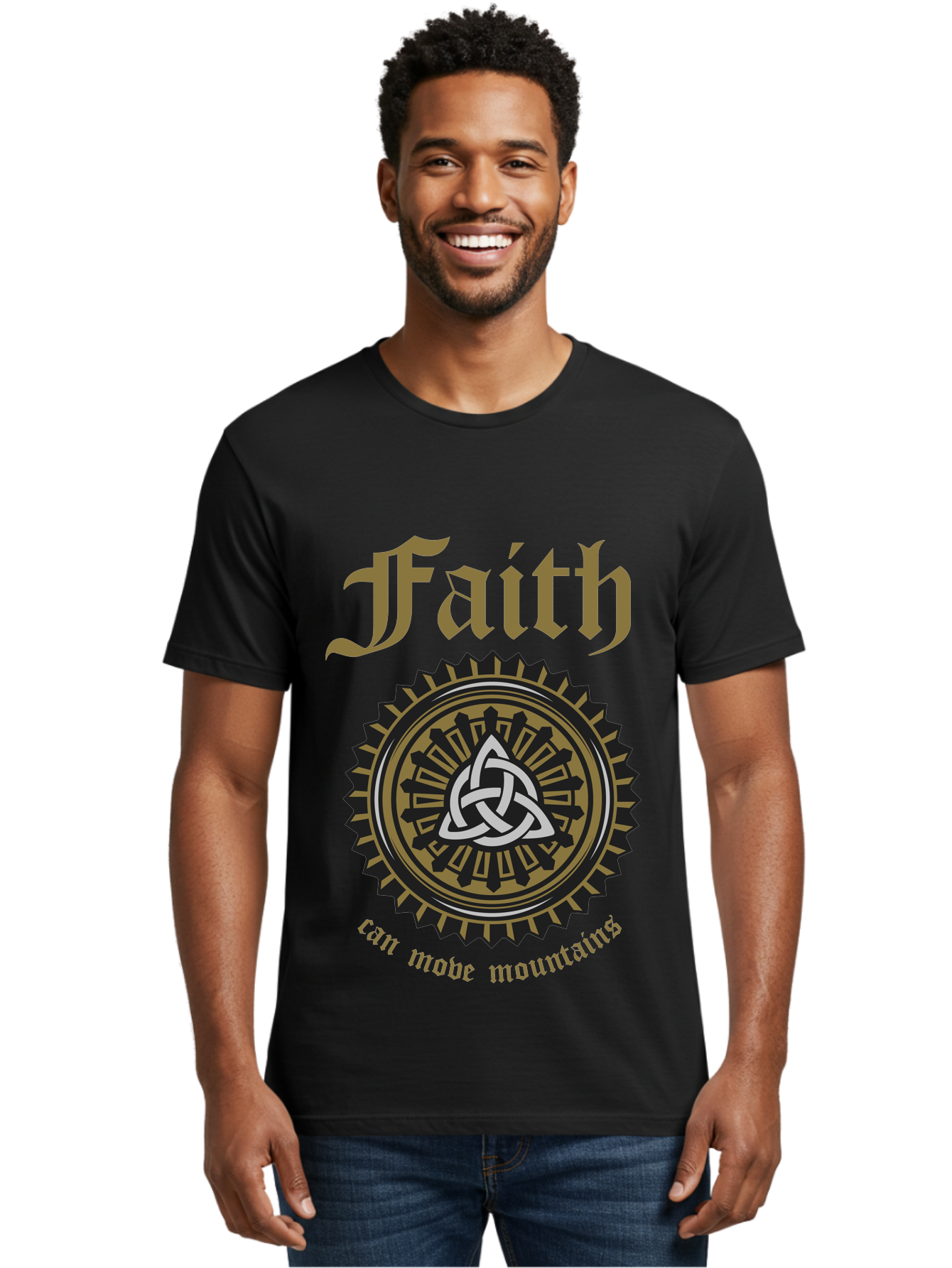 Faith Can Move Mountains Men'S Graphic Tee, 100% Cotton, Comfortable Casual Summer Wear, Machine Washable, Faith Symbol, Celtic Knot Design, Spiritual Emblem, Run Made Manifest, Ancient Celtic Art, Mystical Patterns, Sacred Geometry, Aae270