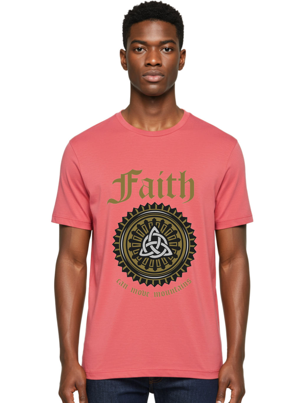 Faith Can Move Mountains Men'S Graphic Tee, 100% Cotton, Comfortable Casual Summer Wear, Machine Washable, Faith Symbol, Celtic Knot Design, Spiritual Emblem, Run Made Manifest, Ancient Celtic Art, Mystical Patterns, Sacred Geometry, Aae270