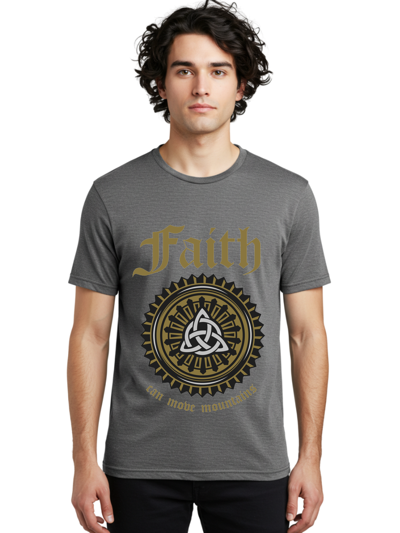Faith Can Move Mountains Men'S Graphic Tee, 100% Cotton, Comfortable Casual Summer Wear, Machine Washable, Faith Symbol, Celtic Knot Design, Spiritual Emblem, Run Made Manifest, Ancient Celtic Art, Mystical Patterns, Sacred Geometry, Aae270