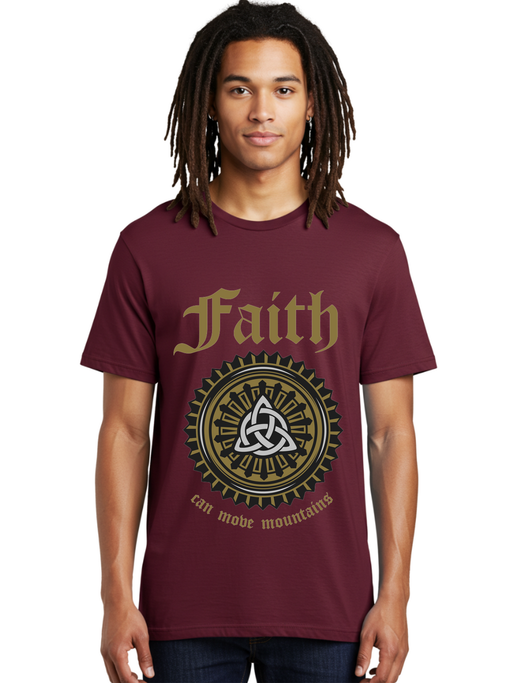 Faith Can Move Mountains Men'S Graphic Tee, 100% Cotton, Comfortable Casual Summer Wear, Machine Washable, Faith Symbol, Celtic Knot Design, Spiritual Emblem, Run Made Manifest, Ancient Celtic Art, Mystical Patterns, Sacred Geometry, Aae270