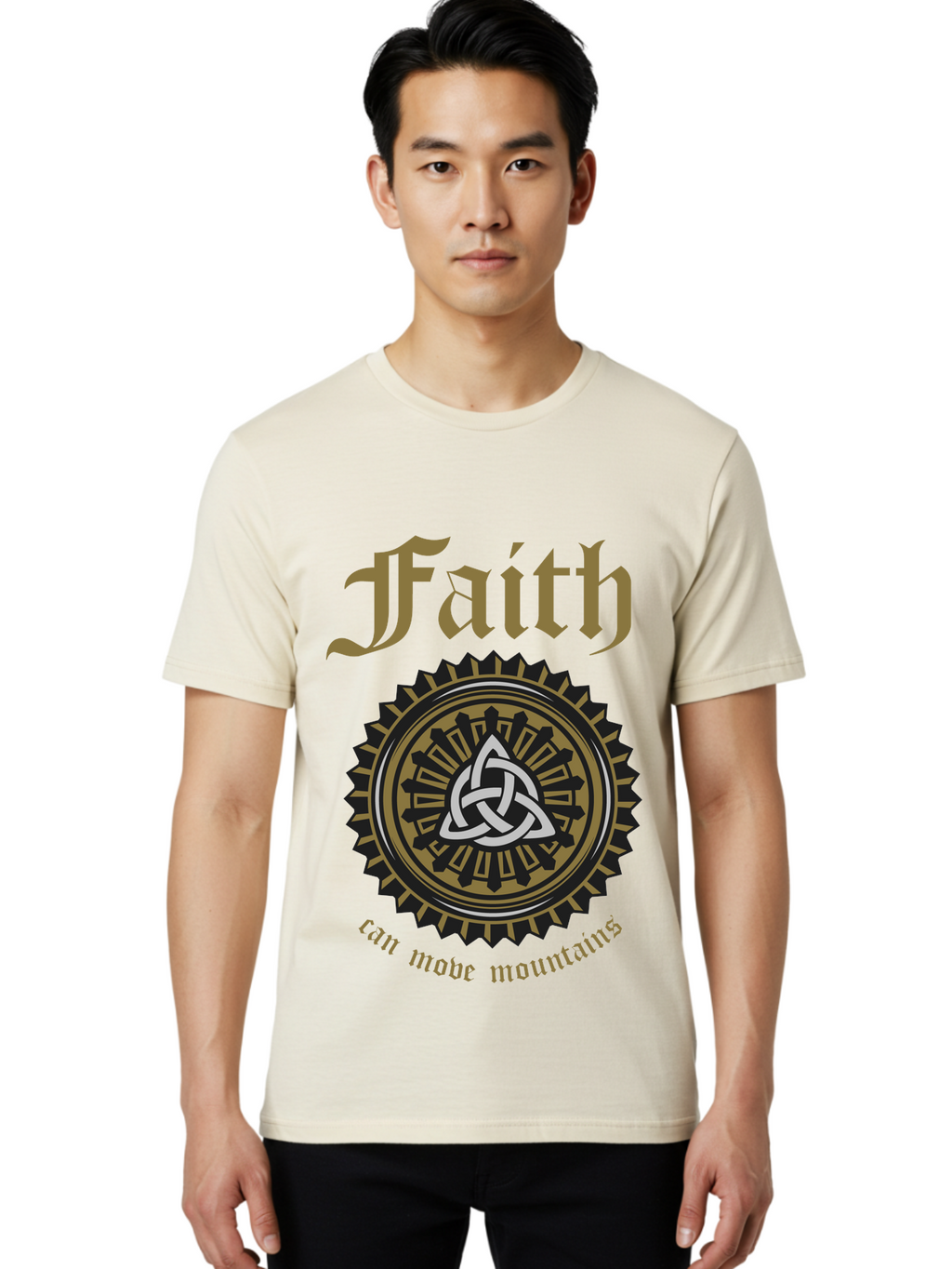 Faith Can Move Mountains Men'S Graphic Tee, 100% Cotton, Comfortable Casual Summer Wear, Machine Washable, Faith Symbol, Celtic Knot Design, Spiritual Emblem, Run Made Manifest, Ancient Celtic Art, Mystical Patterns, Sacred Geometry, Aae270