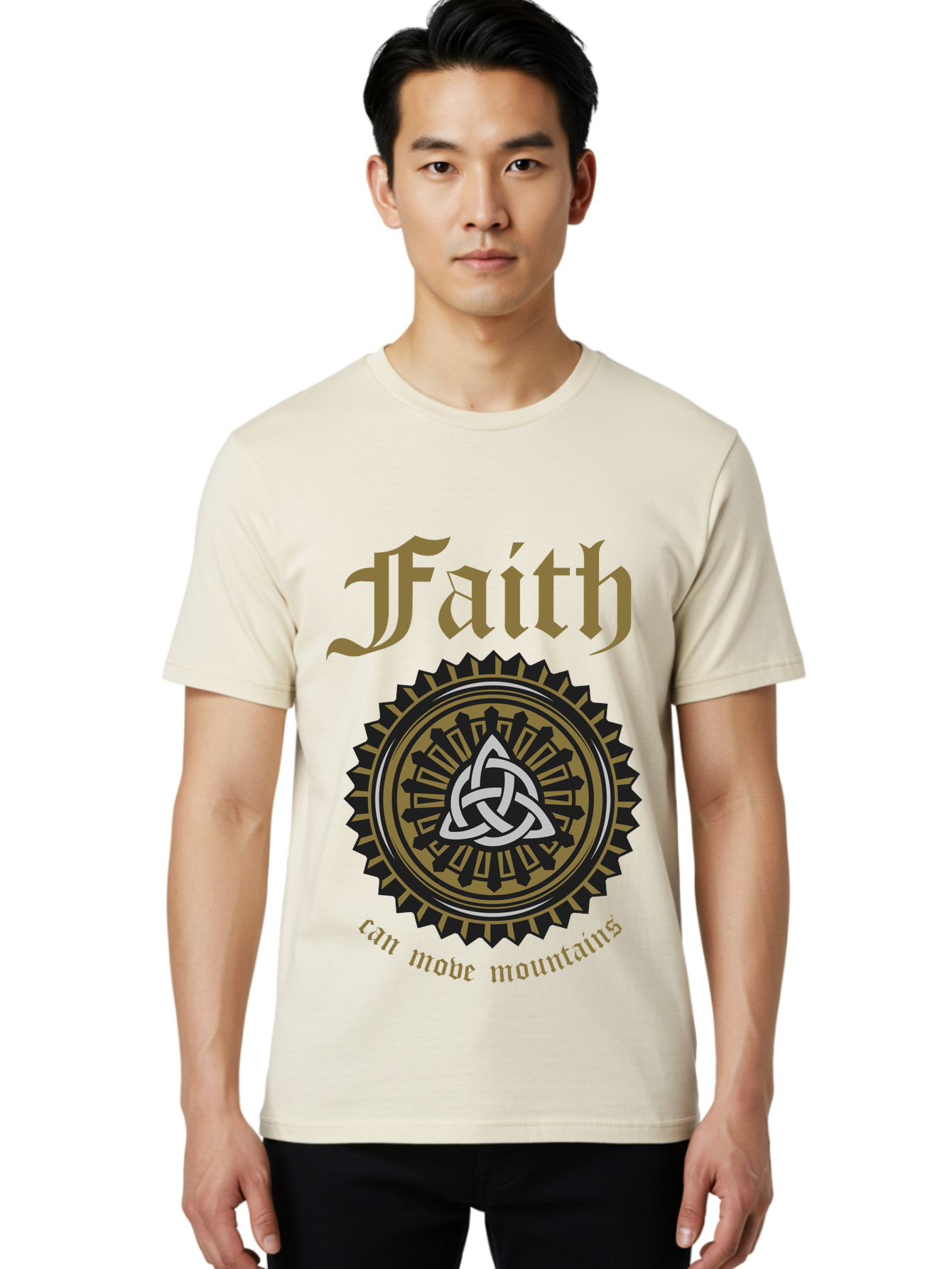 Faith Can Move Mountains Men'S Graphic Tee, 100% Cotton, Comfortable Casual Summer Wear, Machine Washable, Faith Symbol, Celtic Knot Design, Spiritual Emblem, Run Made Manifest, Ancient Celtic Art, Mystical Patterns, Sacred Geometry, Aae270