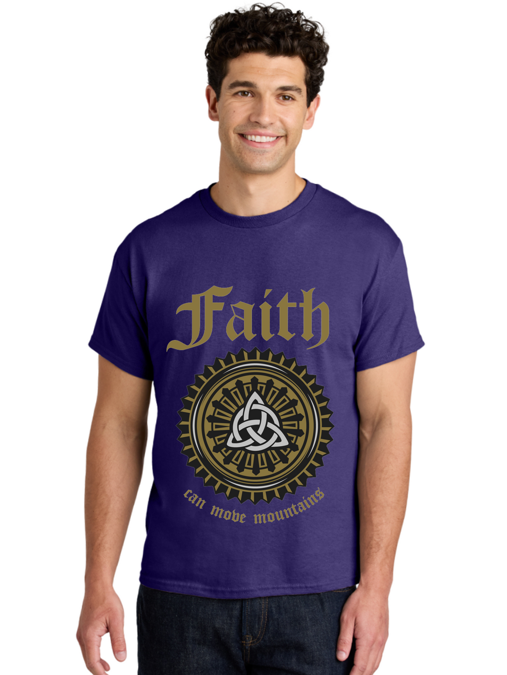 Faith Can Move Mountains Men'S Graphic Tee, 100% Cotton, Comfortable Casual Summer Wear, Machine Washable, Faith Symbol, Celtic Knot Design, Spiritual Emblem, Run Made Manifest, Ancient Celtic Art, Mystical Patterns, Sacred Geometry, Aae270